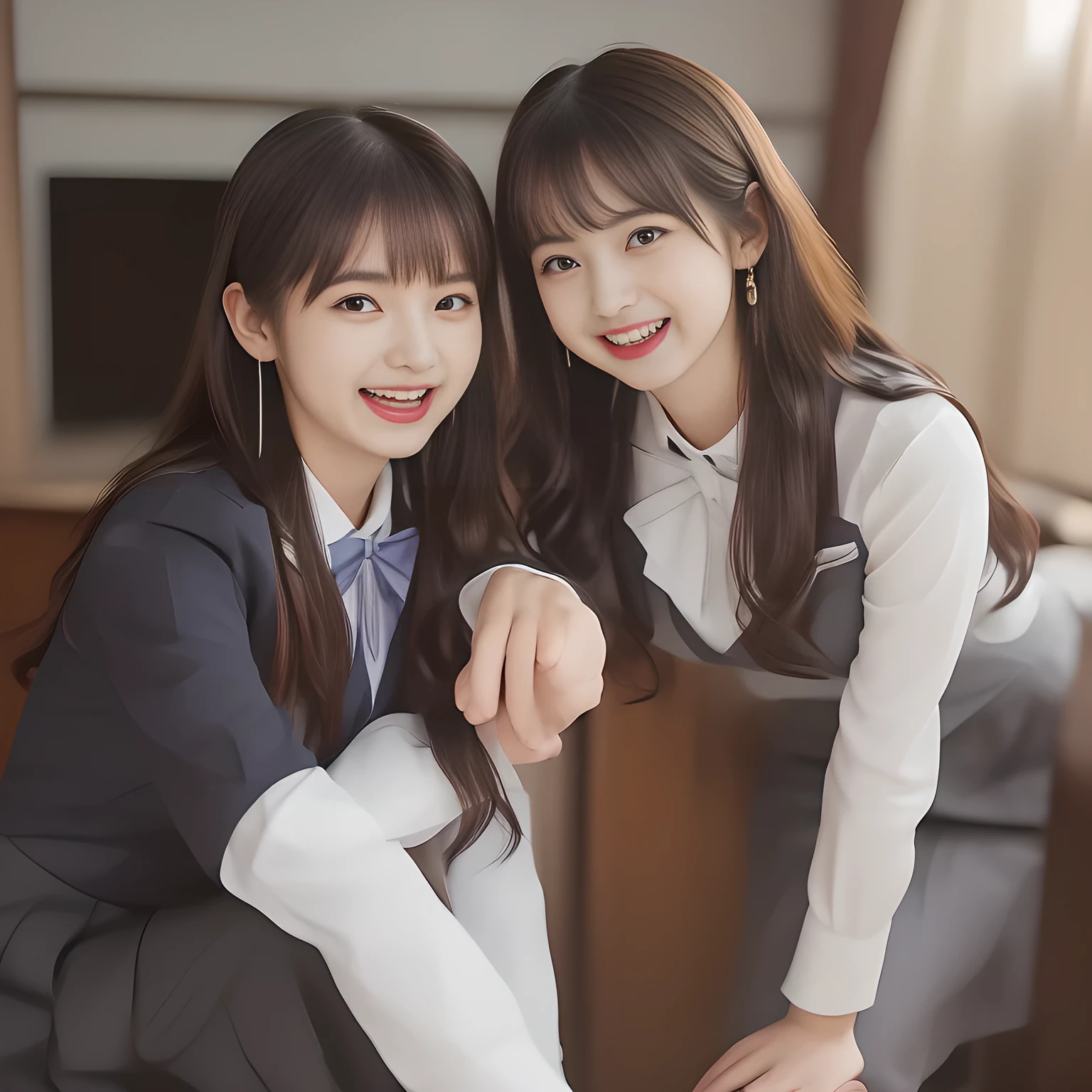 One girl、top-quality、ultra-detailliert、masuter piece、Raw photo、finely detail、hight resolution、wearing a suit、No skin exposure、inside the house、shiny black hair、soft smiling、Eyes staring at a loved one、arms around waist、