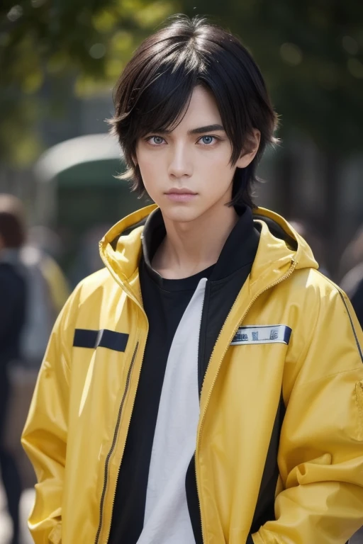 solo person，Short black hair，The boy wears an orange jacket