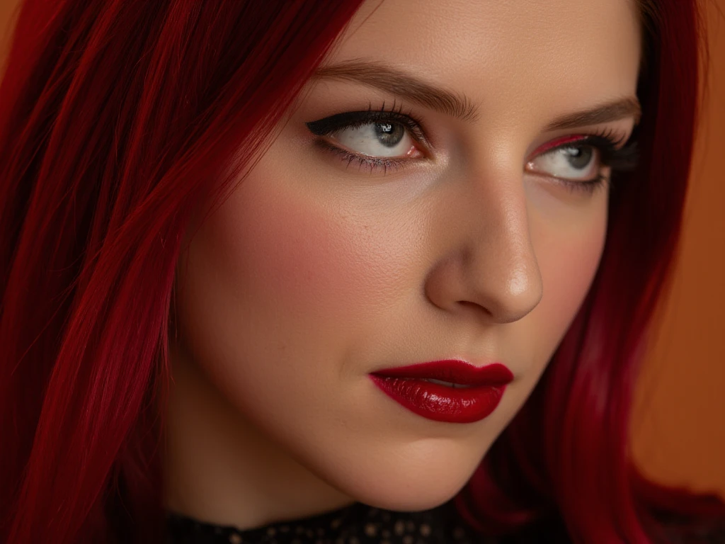 extreme face close up, 21 year old woman with red hair wearing deep red shiny reflective striking dramatic lip gloss, latex catsuit, eyeliner flicks, in the bedroom, dark red lips, deep red lips, skinny girl