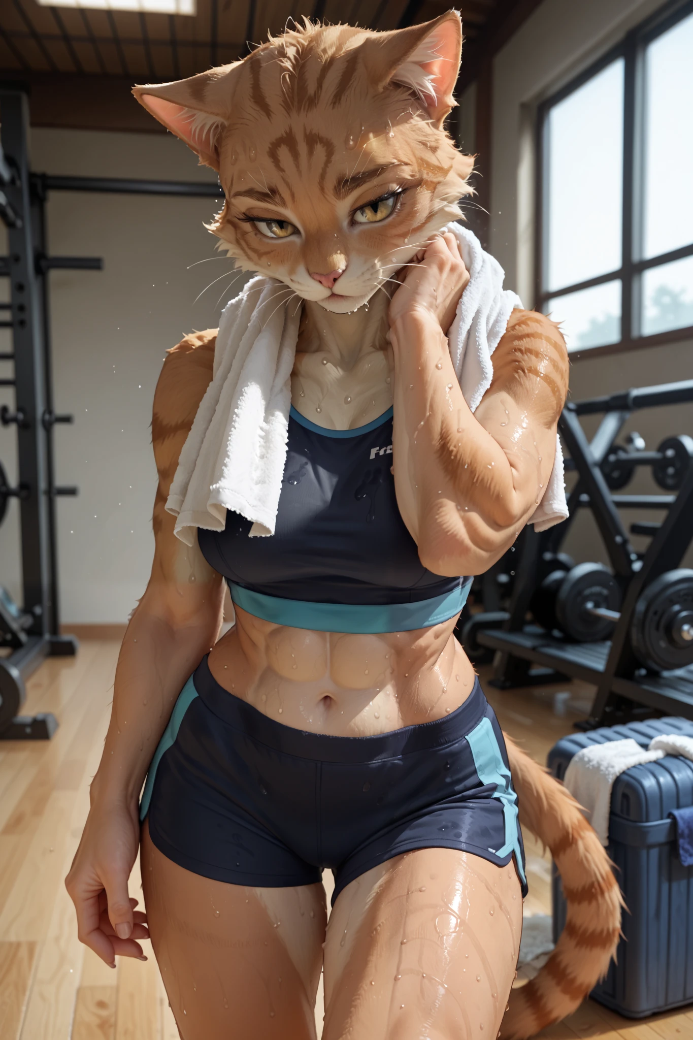 (zPDXL2), (PonyXLV6_Scores), source_anime, Expressiveh, full body shot, asymmetric image, BREAK
Inhata4564, 
Furry, female cat, cat, athletic body, relief press, Sports top, sports shorts, towel around neck, sweaty, wipes sweat from forehead,