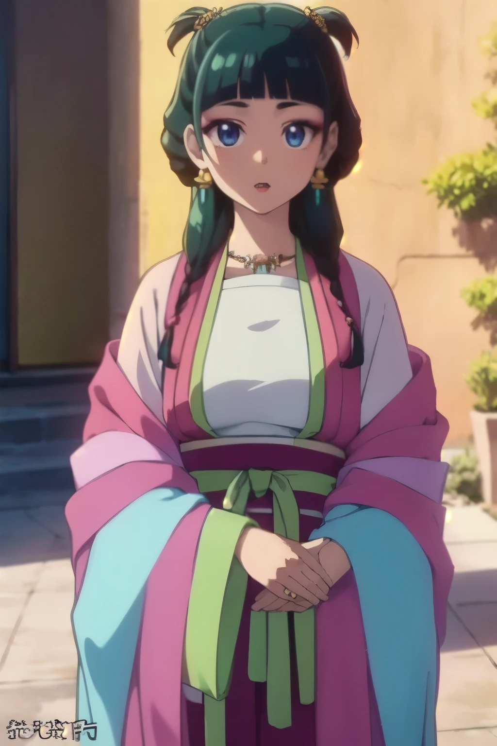 (Mao Mao), dark green hair ,blue eyes, hair ornament, hair bang, earrings, earrings, gold necklace 、Red eyeshadow, ((Extremely realistic shadows, Masterpiece, very detailed, photorealistic)), (cowboy shot)