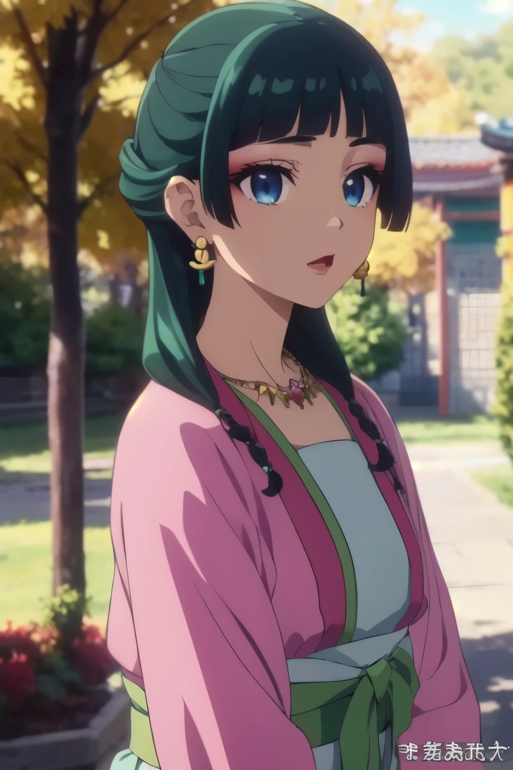 (Mao Mao),  dark green hair ,blue eyes,  hair ornament,  hair bang,  earrings, earrings, gold necklace 、Red eyeshadow, ((Extremely realistic shadows, Masterpiece,  very detailed,  photorealistic)), (cowboy shot)
