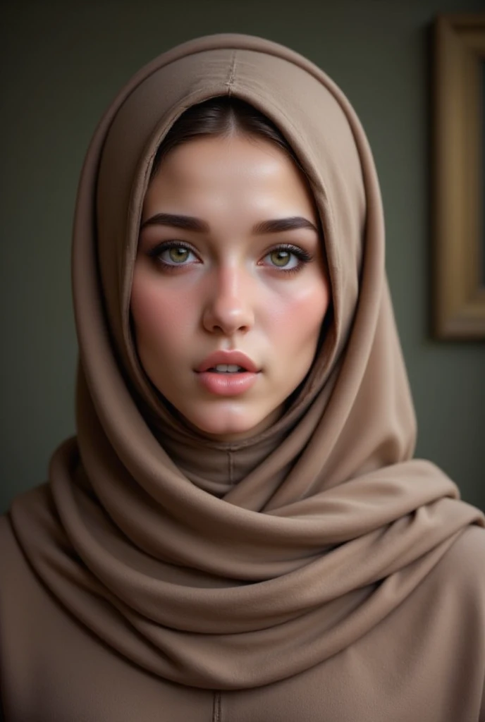 realisitic ,work of art, best qualityer, Kizi, young Angelina Jolie, hijab, hair covered, covered clothes, no exposed skin, portraite, photoshot_Lumiere, {{}}, ulzzang-6500-v1.1:0.8