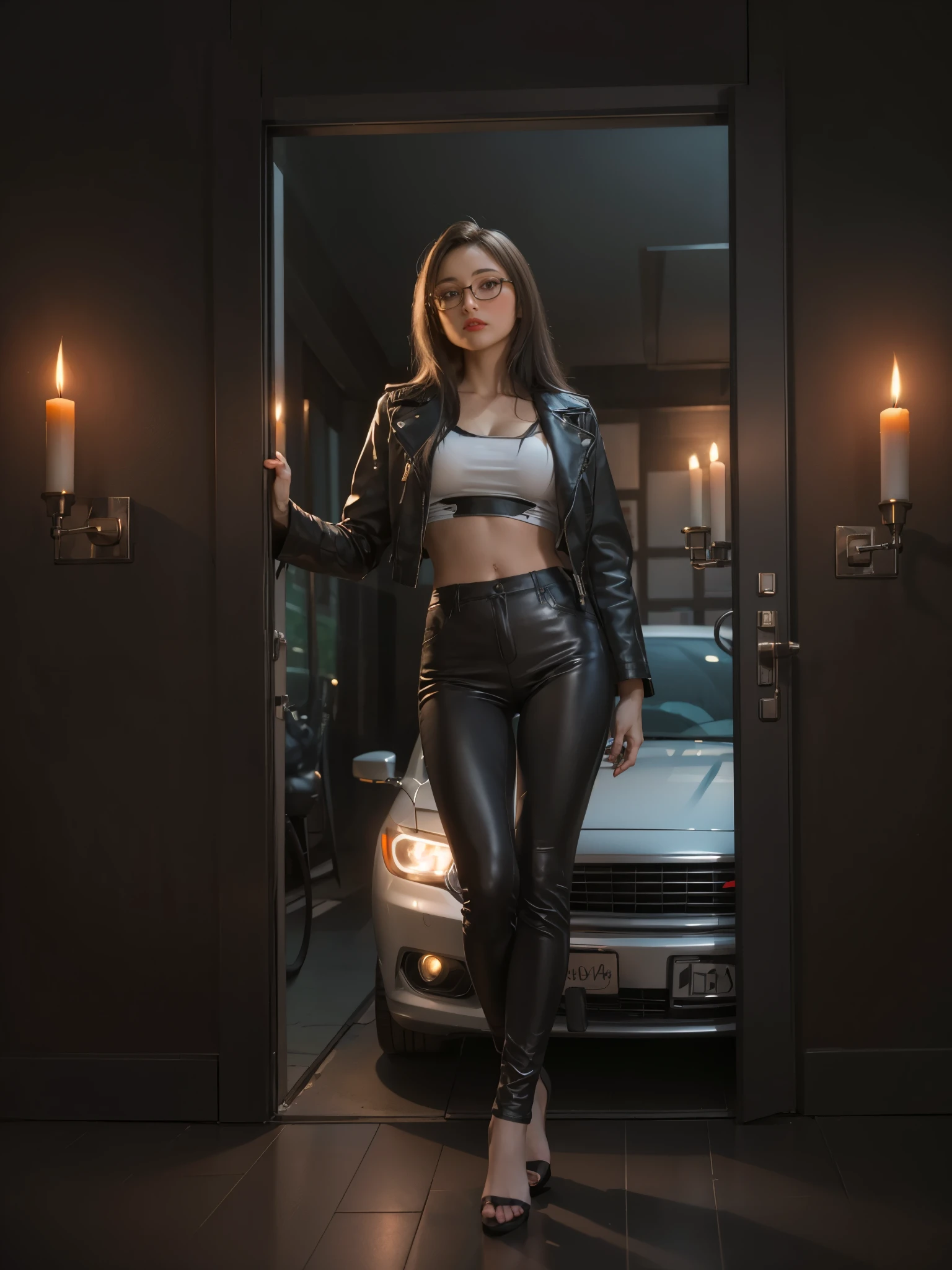 girl, full body, wide leather pants, leather jacket, breasts, glass door, dimly lit, candle light, long hair, straight hair, glasses, red lipstick, (car behind),