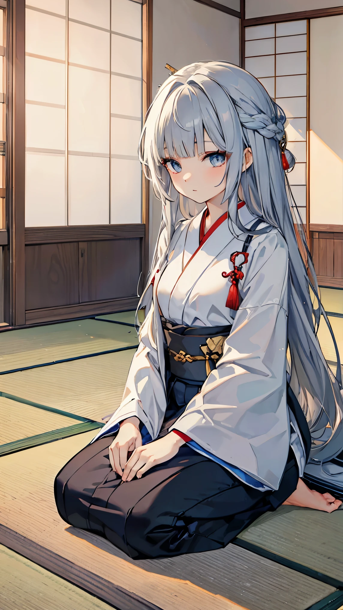 best quality 、、(Whitening skin)、Gray Hair, long hair, straight hair,blue eyes,,Petite、 slender, small breasts, slender, red cheeks ,Japanese-style room,Tatami room,seiza, gorgeous Japanese clothes, 12 single,hairpin,