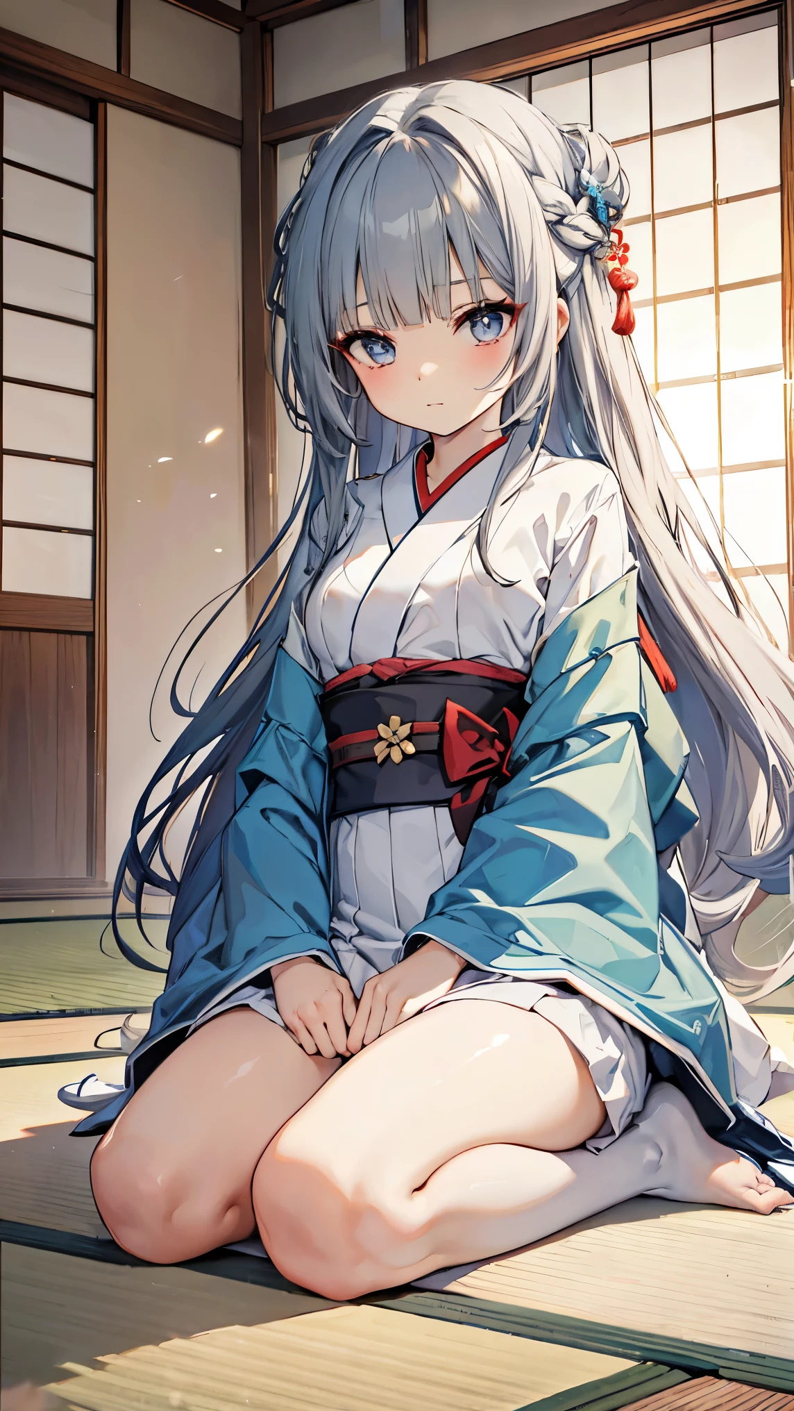 best quality 、、(Whitening skin)、Gray Hair, long hair, straight hair,blue eyes,,Petite、 slender, small breasts, slender, red cheeks ,Japanese-style room,Tatami room,seiza, gorgeous Japanese clothes, 12 single,hairpin,