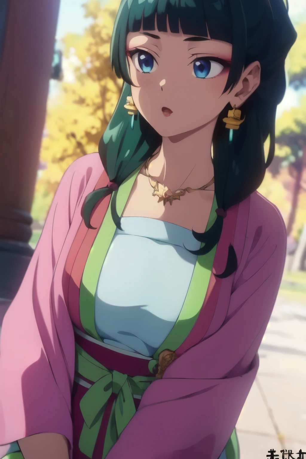  (Mao Mao),  dark green hair ,blue eyes,  hair ornament,  hair bang,  earrings, earrings, gold necklace 、Red eyeshadow, ((Extremely realistic shadows, Masterpiece,  very detailed,  photorealistic)), (cowboy shot)