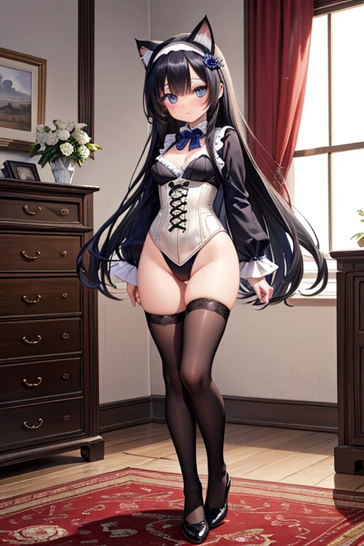 Highest quality、High resolution、masterpiece、(Pulling up maid clothes)、The pants are a little visible、blush、(Embarrassed face)、((Low - Angle))Watching the audience、Bedroom、long hair、Cat ear、Thigh straps、garter belt