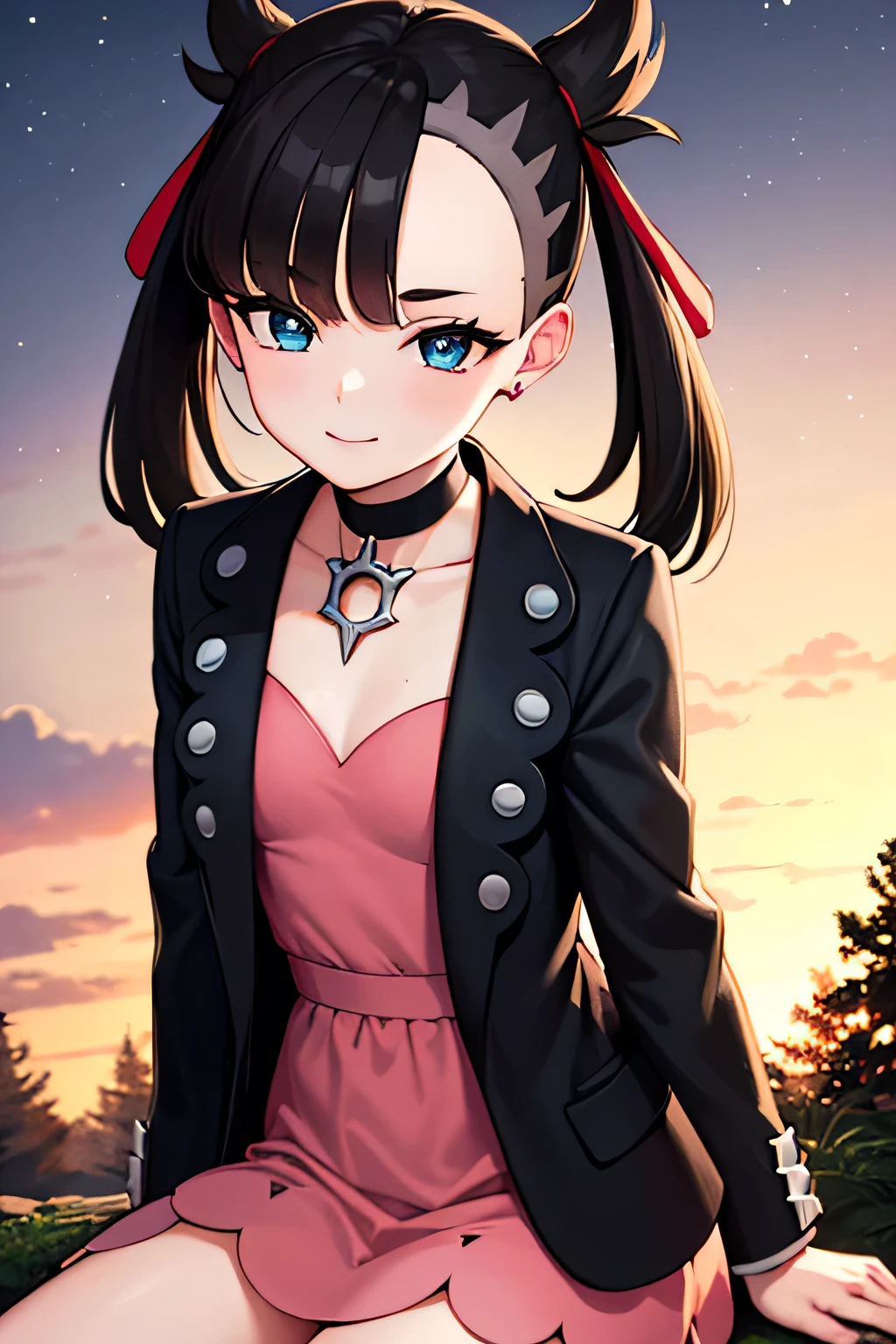 top quality,pokemonmarnie, pokemonmarnie, aqua eyes, asymmetrical bangs, asymmetrical hair, black hair, hair ribbon, long hair, red ribbon, ribbon, twintails, (small breasts:1.2), BREAK backpack, Bag , black choker, black jacket, choker, dress, earrings, jacket, jewelry, long sleeves, open clothes, pink Bag , pink dress, cowboy shot, ako suminoe, ascot, , Alone, night sky, forest, sitting, smile BREAK (masterpiece:1.2), best quality, high resolution, unity 8k wallpaper, (illustration:0.8), (beautiful detailed eyes:1.6), extremely detailed face, perfect lighting, extremely detailed CG, (perfect hands, perfect anatomy),
information