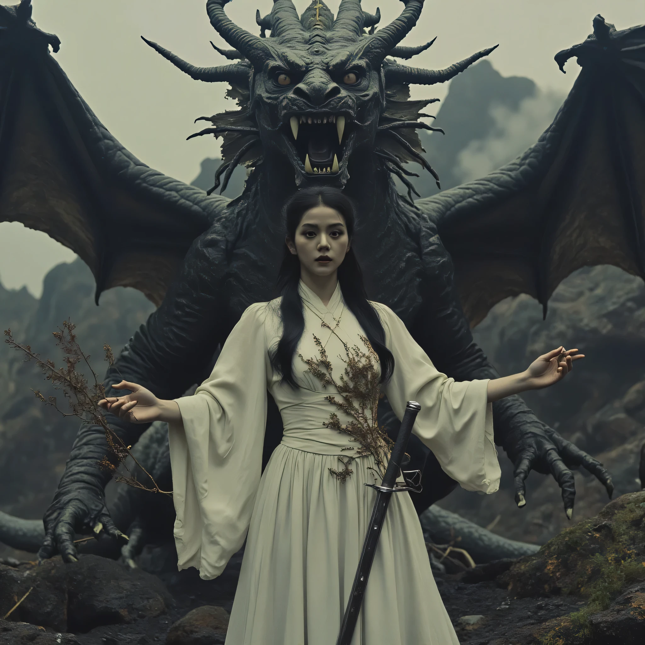 High Resolution, Masterpiece, Accurate, Anatomically Correct, High Details, High Quality, Super Detailed, Textured Skin, UHD, lord of the abys, a long black-haired woman in all-white clothes, the woman carries a katana she rides a black dragon (Chinese dragon) like a knight and is commanded by all her soldiers realistic,HD
