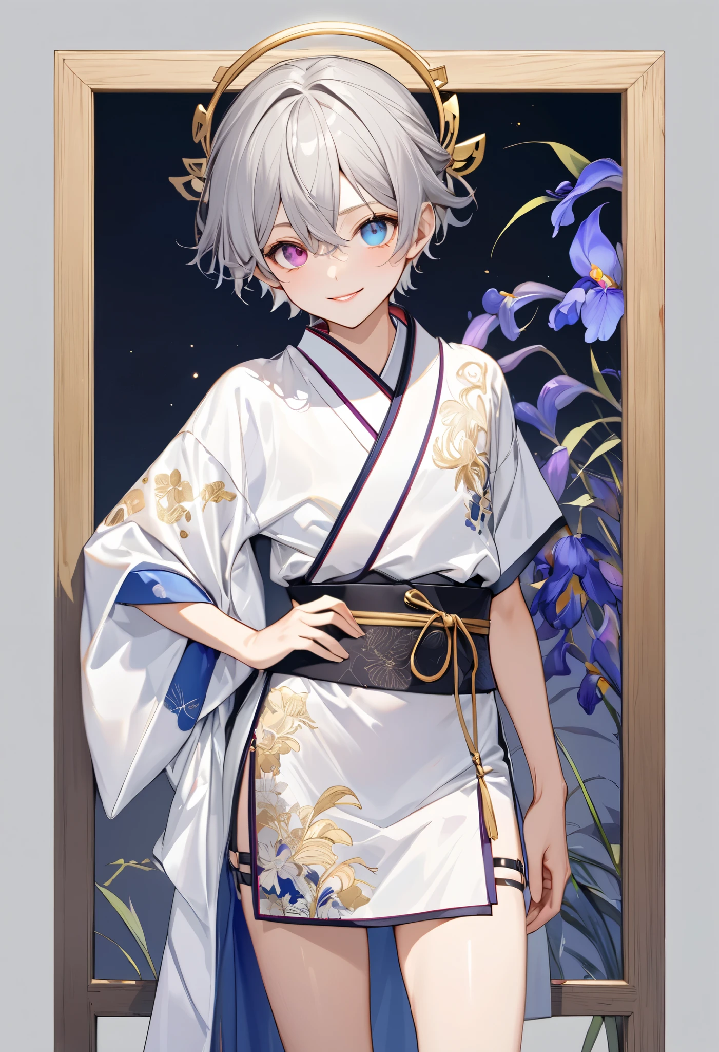 fresh illustration ,
Superfine painting,
very delicate illustration ,
Very fine details ,
1boy ,
( standing)
Alone,
Height: 158cm,
Beige Skin,
Cheeks are ruddy,
(The iris of the left eye is light sky blue and the iris of the right eye is magenta ),
(Complete iris heterochromia ),
beautiful eyes,
large black pupils ,
Short short hair,
(Gray Hair),
only the base of the hair is light blue ,
The hair has gradation ,
shiny hair with makeup,
Young, beautiful, beautiful face ,
The lips are extremely small,
is smiling,
A small halo that shines brightly floats on the head ,
raised eyebrows ,
The upper body is wearing a kimono in kimono ,
six pack,
The lower body is long, transparent clothing in the style of a Chinese dress with slits at both hips,
The color of the belt is black ,
Overall white clothes ,
The belt has tasteful embroidery with gold thread ,
fine fabric clothing ,
Slim waist,
Thin legs,
jockstrap underwear ,
the thigh strap cuts into the skin ,
Are the tips of long boots Japanese style,
Isometric,
golden ratio,
god々 like atmosphere,
The undershirt is indigo-colored with a stand-up collar,
background is white,
tactical use of shadows ,
Head rings and hair fit in a frame ,
Clothes fit in a frame ,
facing the front,