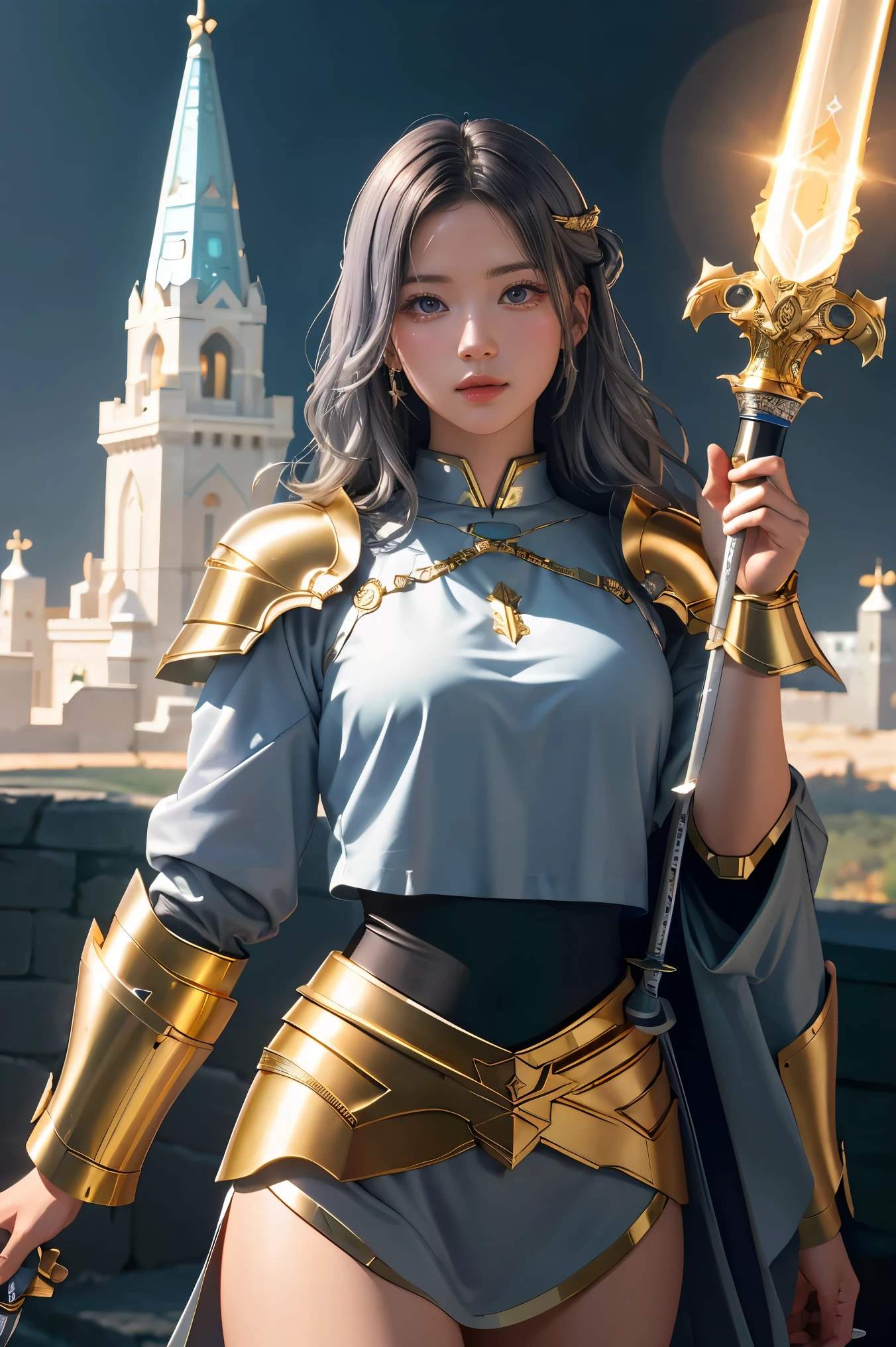 (masterpiece, best quality), A paladin holding a light infused sword, light magic, divine, magewave, silver and gold, 4k, dark cityscape, Fujifilm