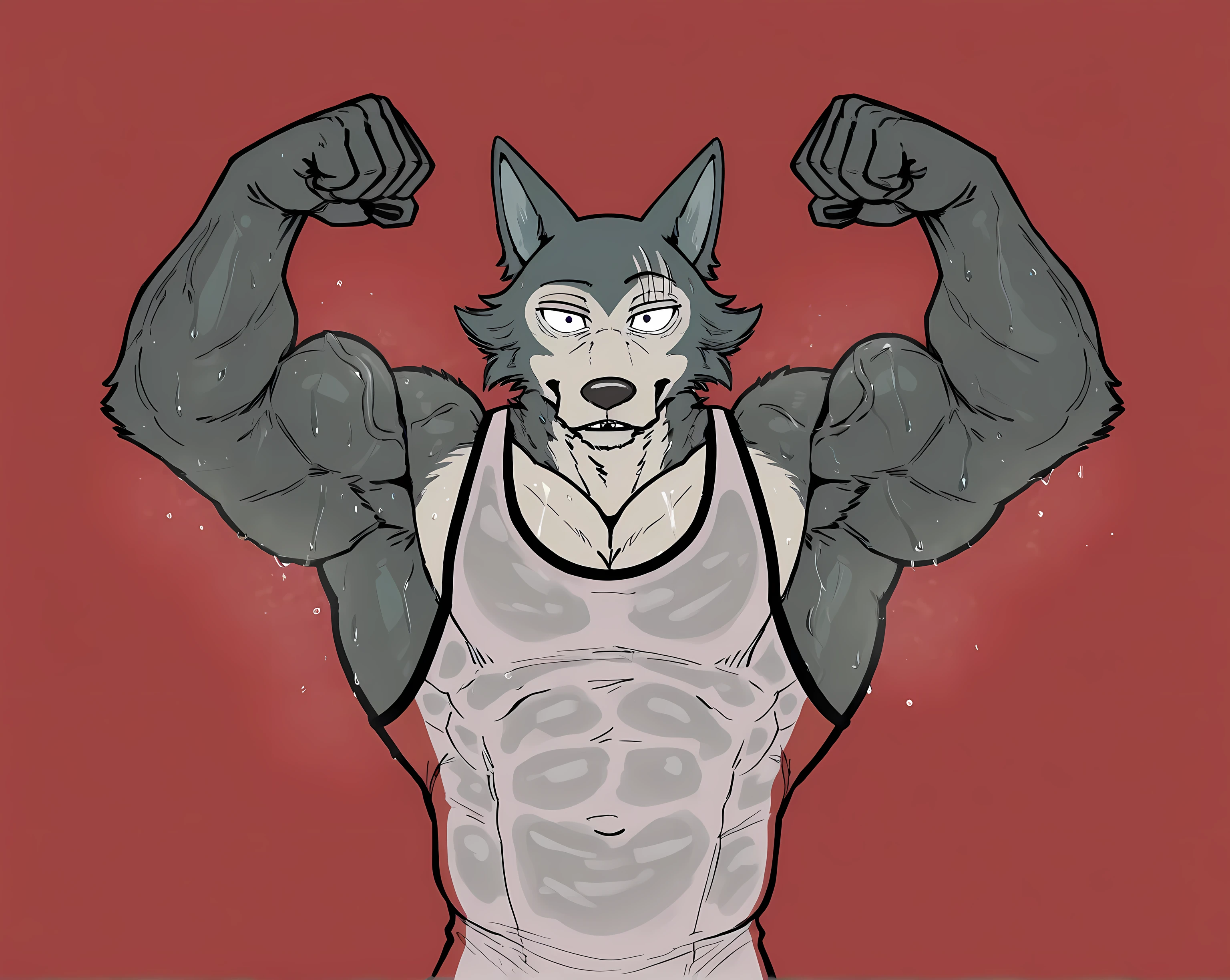 Male black and white wolf with his tongue out with his mouth closed, blushing and shirtless, handsome with a nice body and six-pack 