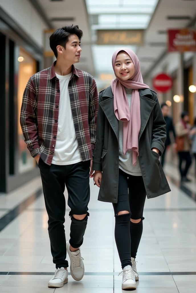 An exceptional HDR photograph capturing a radiant Korean couple walking separately, each showcasing their unique sense of style. The woman is elegantly dressed in a modern hijab and fashionable Muslim attire, while the man looks trendy in a snapback, a stylish brown jacket, and fashionable sneakers. Their bright smiles illuminate the frame, drawing the viewer's attention. Captured from a high vantage point and using a low angle, this high-quality image masterfully blends fashion, joy, and a touch of ukiyo-e and portrait photography influences into a stunning composition., photo, ukiyo-e, portrait photographyUHD, High Details, High Quality, Fujicolor, Hyperdetailed,