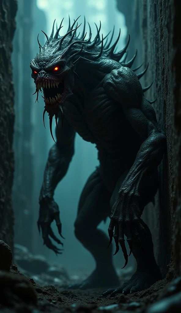 a demon of black shadows with red eyes who runs towards the camera in a horror film effect and is scary