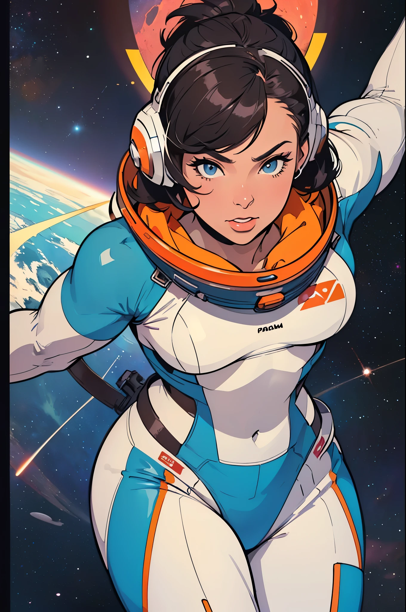 (((ultimate masterpiece))),(((32Kwallpaper))),(((solo:1.2))),(((60s70s80s,space thriller movie poster))),((( futuristic))),(((astronautes))),(((Cleavage))),(((Bauhaus,abstract))),(((bustup,portfolio))),ultimately beautiful girl,hyper Nova vortex,(((gene)))