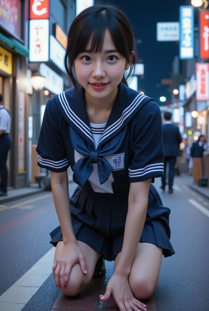 An incredibly cute girl,super cute girl、Caucasian skin、(Wearing a sailor uniform)、 professional lighting、Tokyo Street,natta, urban landscape,city lights,trunk,Close up,ssmile,, (8k, RAW Photos, highest quallity, work of art:1.2),(realisitic, photo-realisitic:1.37),lift up your skirt、Panties are visible、