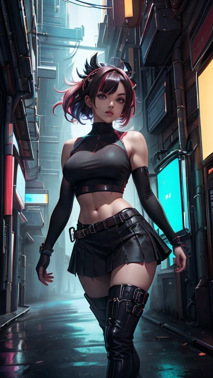 (masterpiece), (best quality), 1 girl, red hair,((brown eyes)),curly hair, anime style, freckles, (mall breast, (petite figure), cyberpunk clothes, legs, desert background