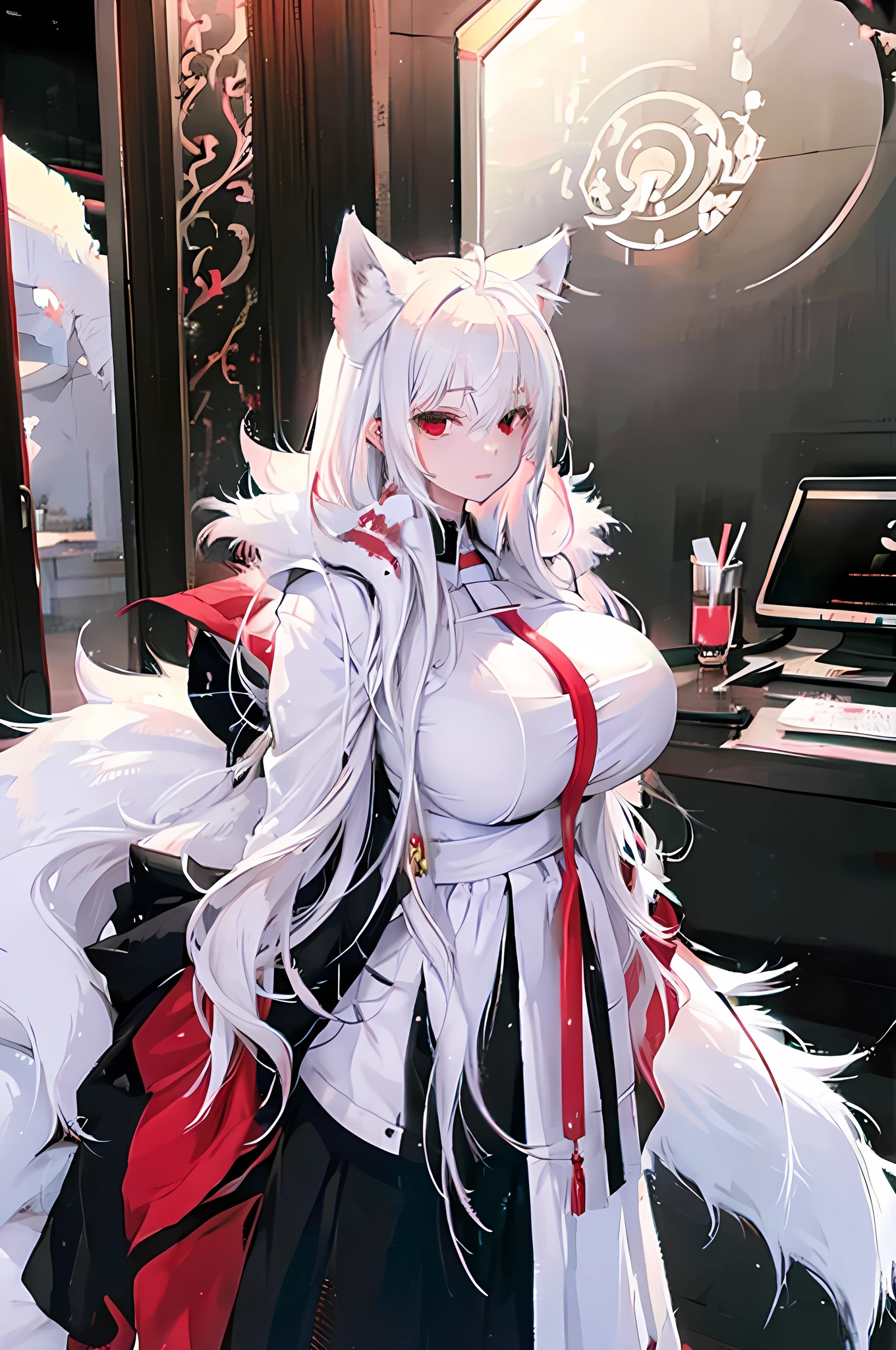 White hair, red eyes, long hair, Arctic fox ears, Arctic fox tail, I_CUP(HUGE_BREASTS)