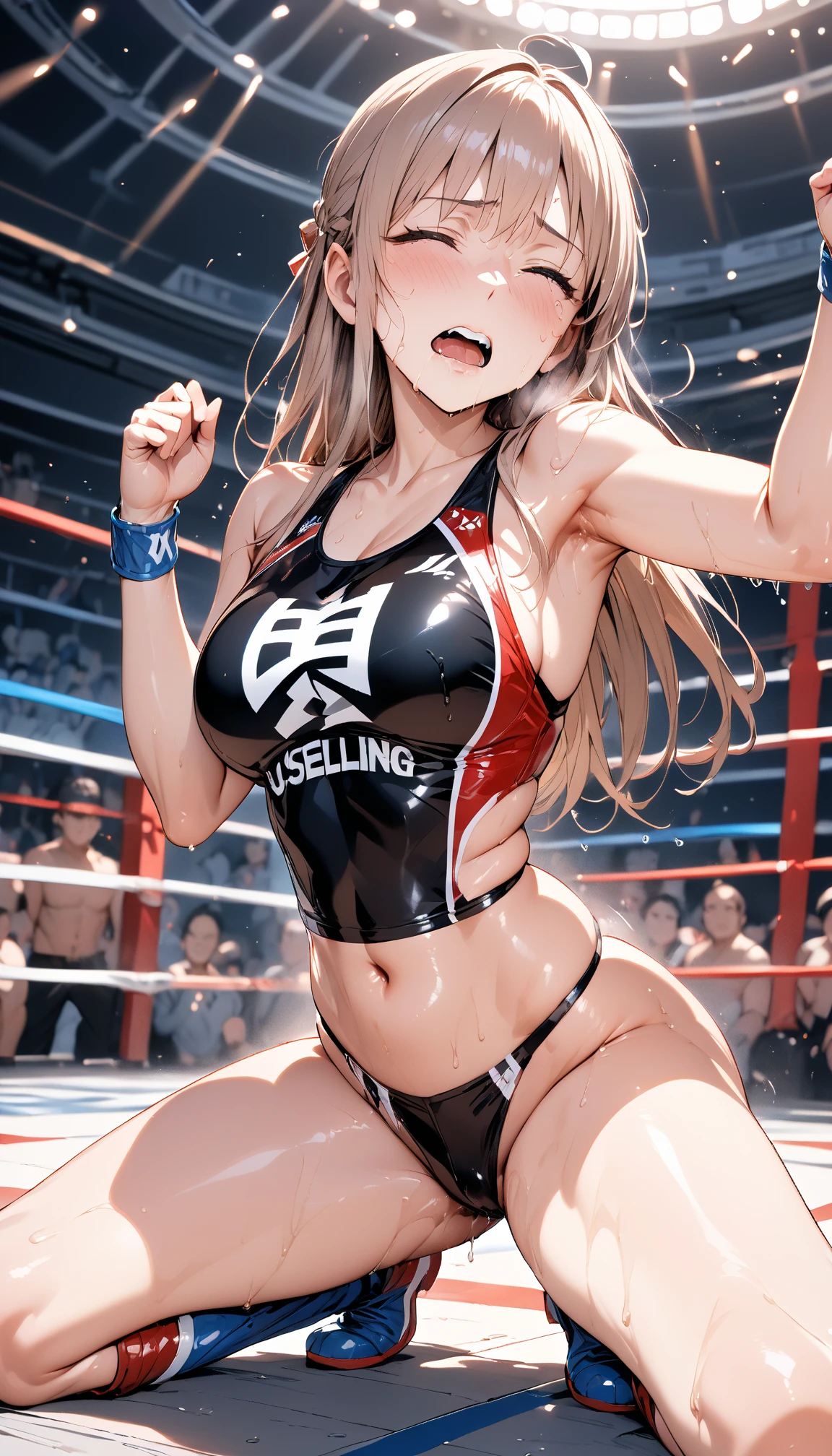 A slim Korean beauty,Good shape,Pretty Face,detailed picture, blush,White long hair,Wearing a bikini,Wearing black suspender stockings,high-heel boots,Wearing black boxing gloves,Standing alone in the boxing ring,Large Breasts,Cleavage,Thin legs,nipple,Camel toe