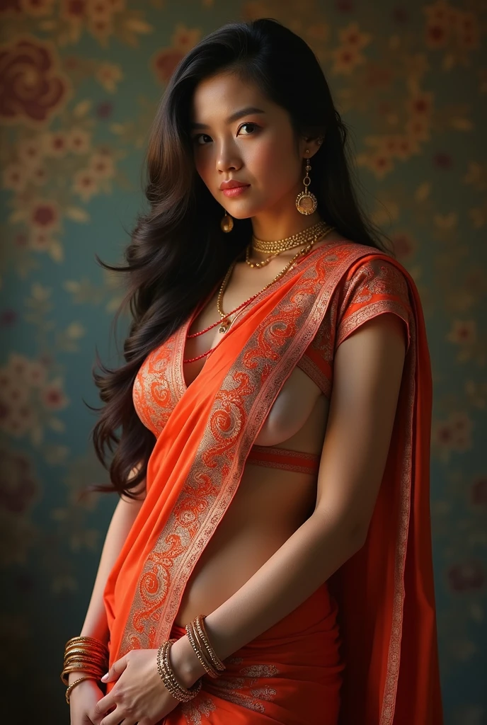 A photorealistic portrait of a 30-year-old Indian hairy pussy woman with long black hair and fair skin, completely naked except for a dupatta chunni and adorned with traditional jewelry, bangles in hand, standing and creating seductive adult poses. The focus should be on her perfect hairy pussy and nipple, with high attention to detail on the jewelry and intricate rangoli pattern. The setting should be warm and inviting, with soft lighting to enhance the natural beauty of the scene.