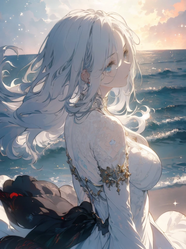 masterpiece, top quality, super detailed, high resolution, (ink painting style), excellent anatomy, beautiful 1 woman, cinema lighting, figure, landscape, (soft colors), post-apocalyptic beach, night, desolate atmosphere, sitting on the sand, vegetation covered, (cloudy), waves crashing on the shore, (depressing but hopeful), moment of quiet rest, (detailed texture), wind blown hair, cloudy at night, best light, best shadow, mysterious, perfect face, highly detailed,