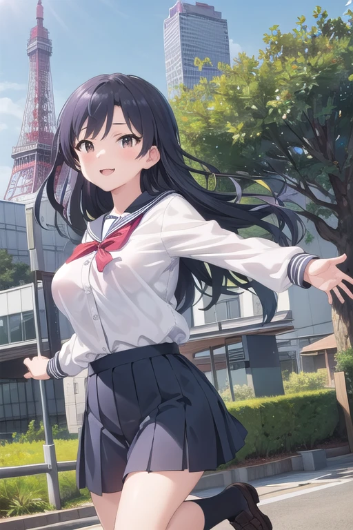 ​masterpiece、top-quality、Hi-Res、Takarada Rokka、Six flowers 1、女の子1人、Takarada Rokka、A dark-haired、独奏、blue eyess、List scrunchie、Long、red socks、student clothes、a black skirt、bangss、pleatedskirt、orange scrunchie、Red ribbons、White cardigan、long-sleeve、a bow tie、lowfers、White shirt、a miniskirt、White sweater、huge tit、frombelow、look up to、look up to、panties on、White panties、is standing、full bodyesbian