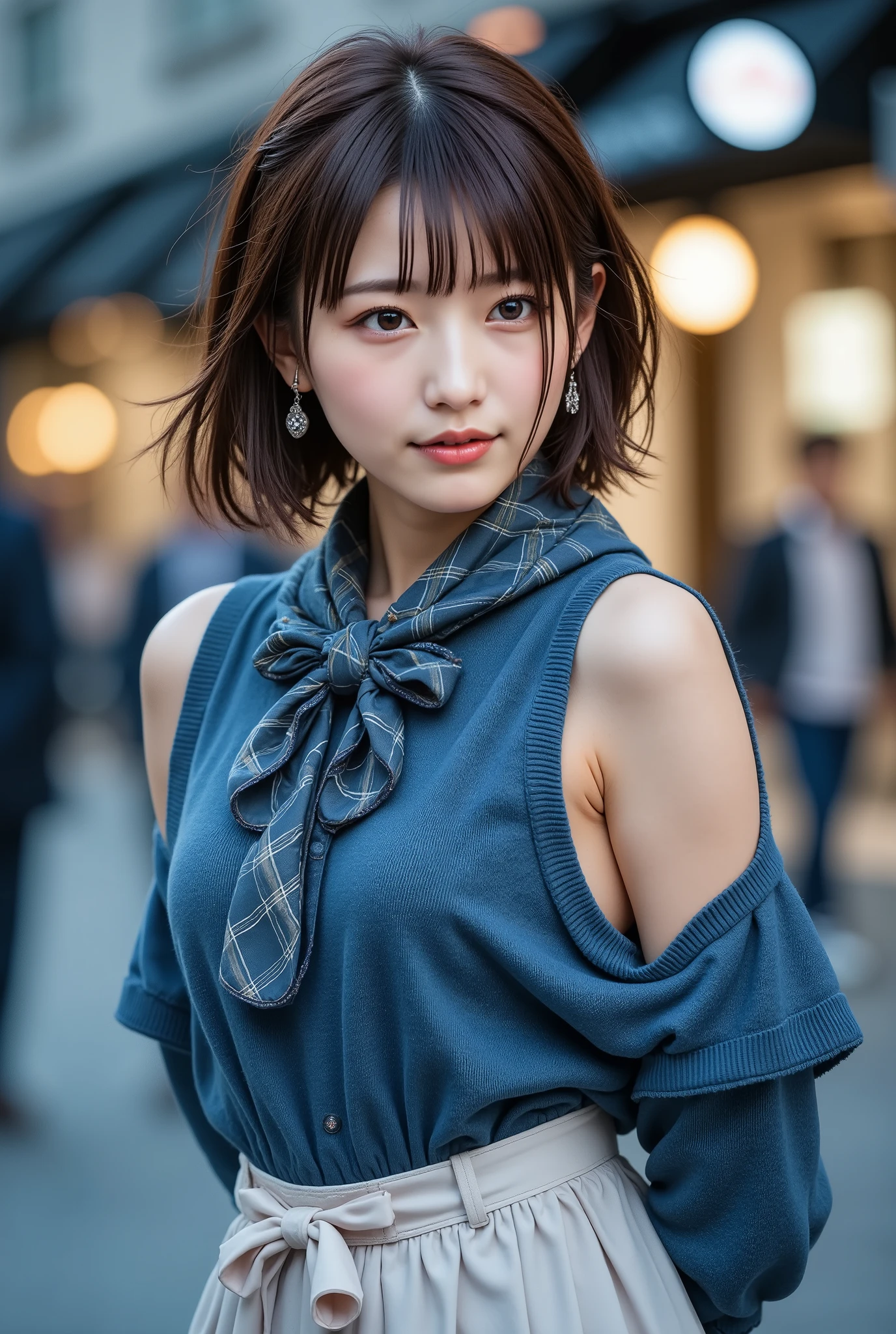 score_9, score_8_up, score_7_up, cinematic film still, beautiful woman, masterpiece，top-quality，（photograph of-realistic：1.4），（（Giant Breast Girl，Fair skin：1.4，Look up at the viewer，19years old，prette，adolable，brunette color hair，Bob_cut，cabelo curto com franja）），(Realistic painting style:0.9), masutepiece, Ultra high-definition video Full-body high-definition video，Best Quality, Looking at Viewer, Solo, Skirt, scarf, blue color sweater, White skirt, Chestnut hair, Sweaters, Eyes in detail, diamond-shaped pupils, Hair Ornament, Bare shoulders, Smile, Long hair, Belt bag, bow ribbon, ヘアーbow ribbon, plaid scarf, off shoulder class INFO INFO
