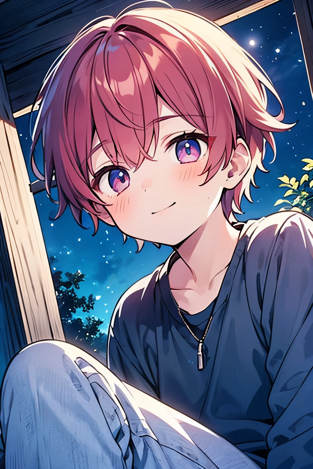 (masterpiece, best quality:1.2), centered, (((1-boy))), solo, cinematic view, portrait, red hair, cute smile, dynamic angle, violet eyes,