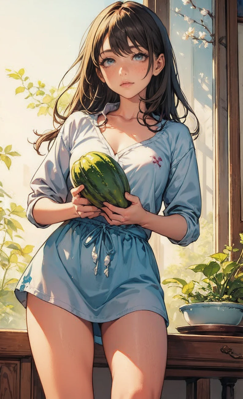 One person, High detail, Long Hair, Taking a big bite out of a Yubari melon、Sweat、Sunlight is strong、summer、Everything, including the body and background, is anime-style.