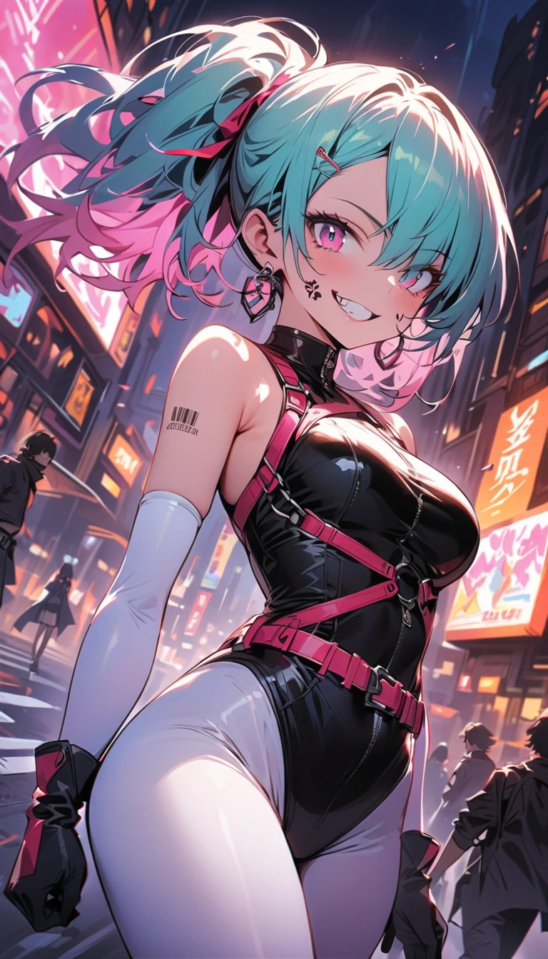 1Menina, no clube, Estilo cyberpunk, rainbow hair, sorriso maldoso, segurando uma katana, High cut swimsuit, pupilas amarelas,, cybernetic skin, jaqueta samurai