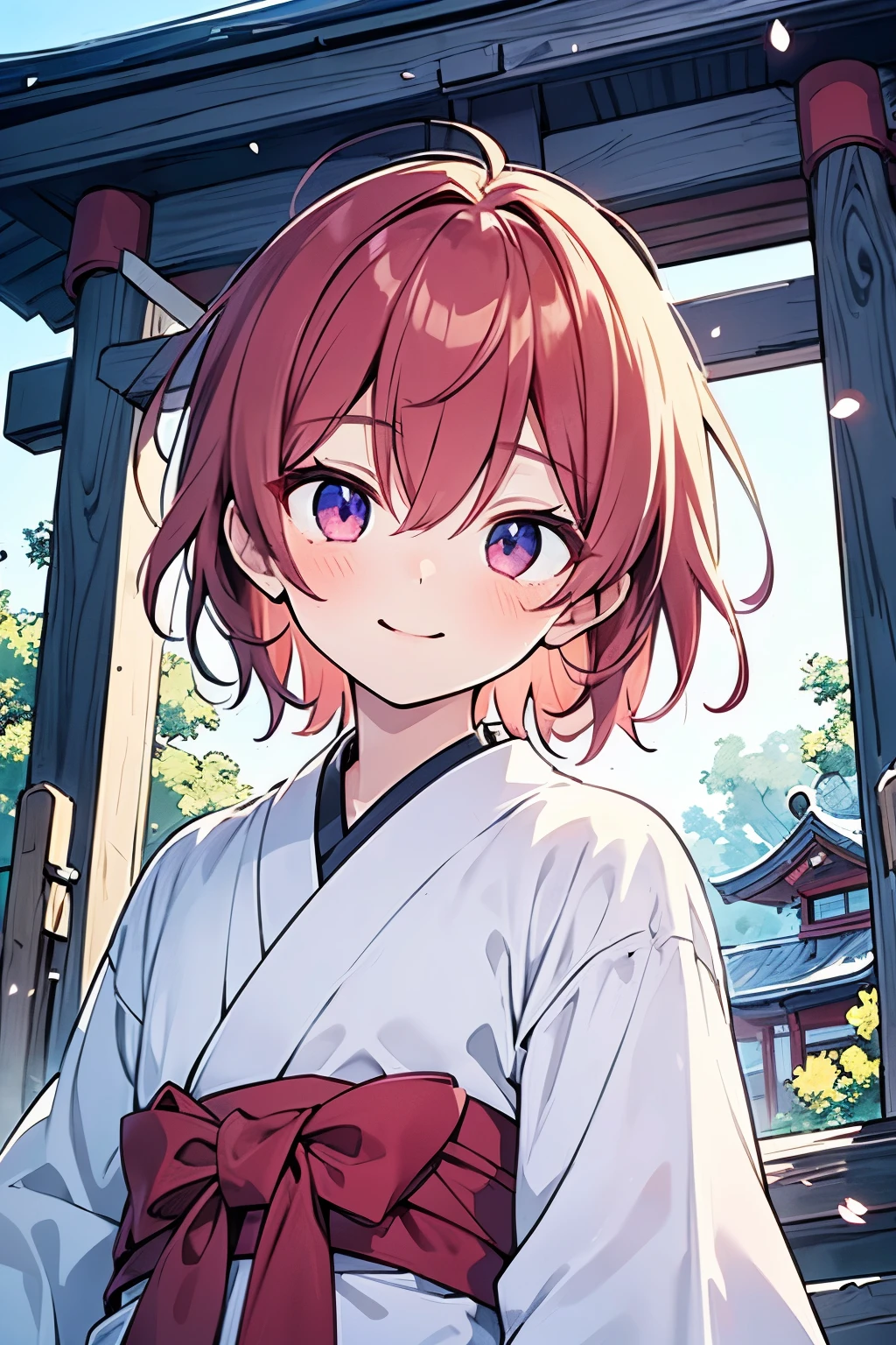 (masterpiece, best quality:1.2), centered, (((1-boy))), solo, cinematic view, portrait, red hair, cute smile, dynamic angle, violet eyes, ((shrine maiden clothes))