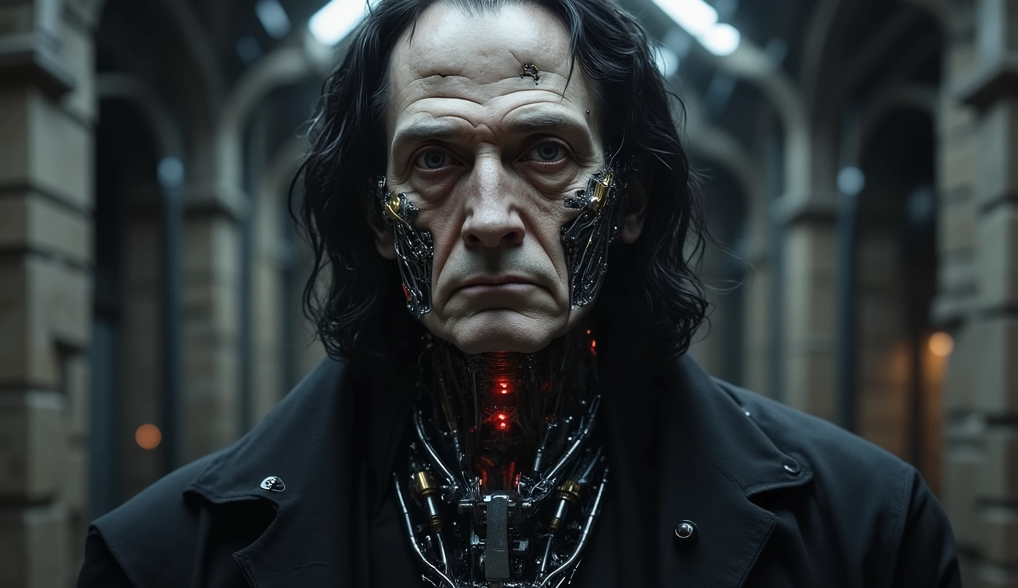 Close-up of Professor Snape from Harry Potter, but with parts of cyborg , in the corridors of Hogwarts from the future .