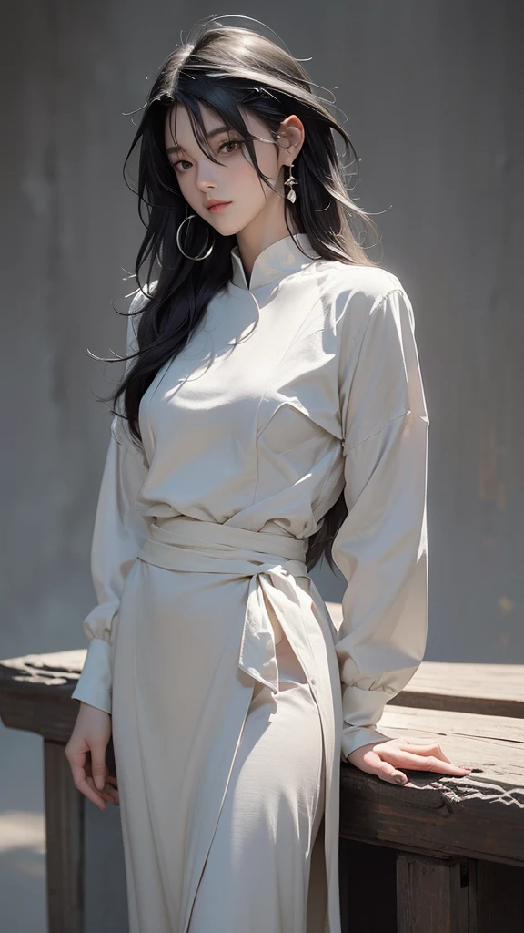 30-year-old woman,( High Cut Fade :1.3), long hair, DARK THEME, Stay calm , Dull color , high contrast , ( to enhance the natural skin texture of , hyperrealism , Soft light, sharp),