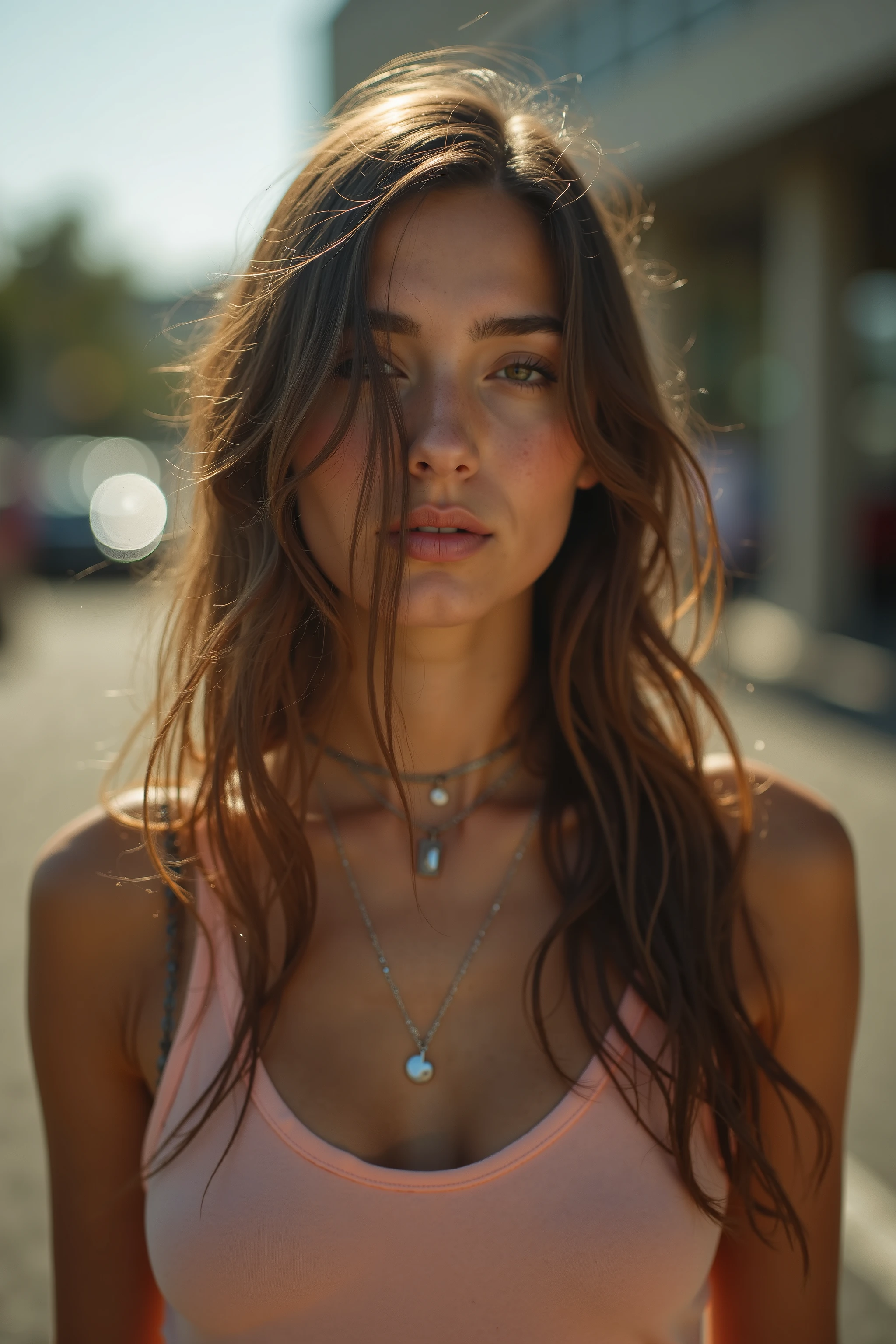 A young woman's face is partially obscured by her long hair as she strikes a pose, exuding an air of serene confidence. Her facial expression hints at calm introspection or poised readiness. A delicate necklace adorns her neck, adding a touch of elegance to her sporty attire. Framed by the subtle focus on her face, the image captures a moment of quiet contemplation amidst her athletic wear. Soft natural light illuminates her features, with the surrounding environment subtly blurred.