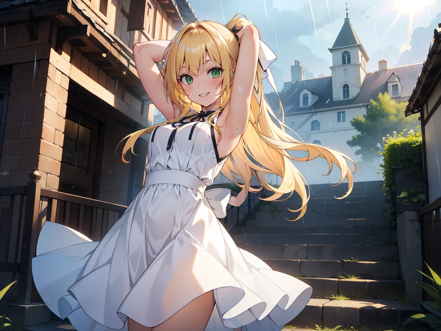   blonde　   ponytail　  green eyes　 white dress　  BRIGHT 　smile　rain　 the sun shines 　Townscape　Highlands　  spread her arms　 stretch your finger above your head　  1 girl,   high resolution,  blonde,   Very Long Hair , rainbow,   best quality  , hope,No ribbon　Steps　dance　 laughs　