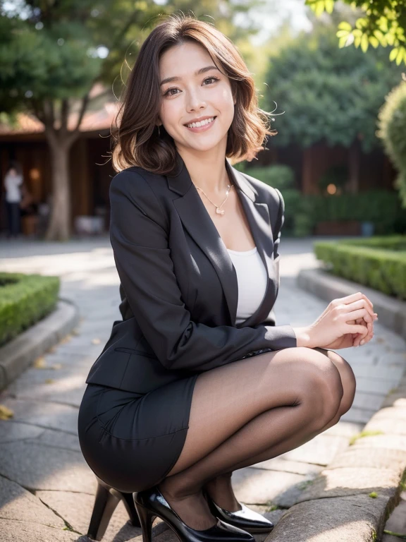 最high quality, In 8K, Masseter region, Vibrant, Sharp focus, high quality, High resolution, Detailed face, Fine grain, Thick lips, (Looking at the audience), alone, Beautiful woman, age 34, plum,  Cleavage, （Black Business Suit）,（Black pumps）、 afternoon、In front of the runway at Haneda Airport,Sit on the bench with your feet together：1.5、（(Very short brown hair:1.5))、（(smile:1.5))、（standard body type）、（Slightly slim legs:1.1)
