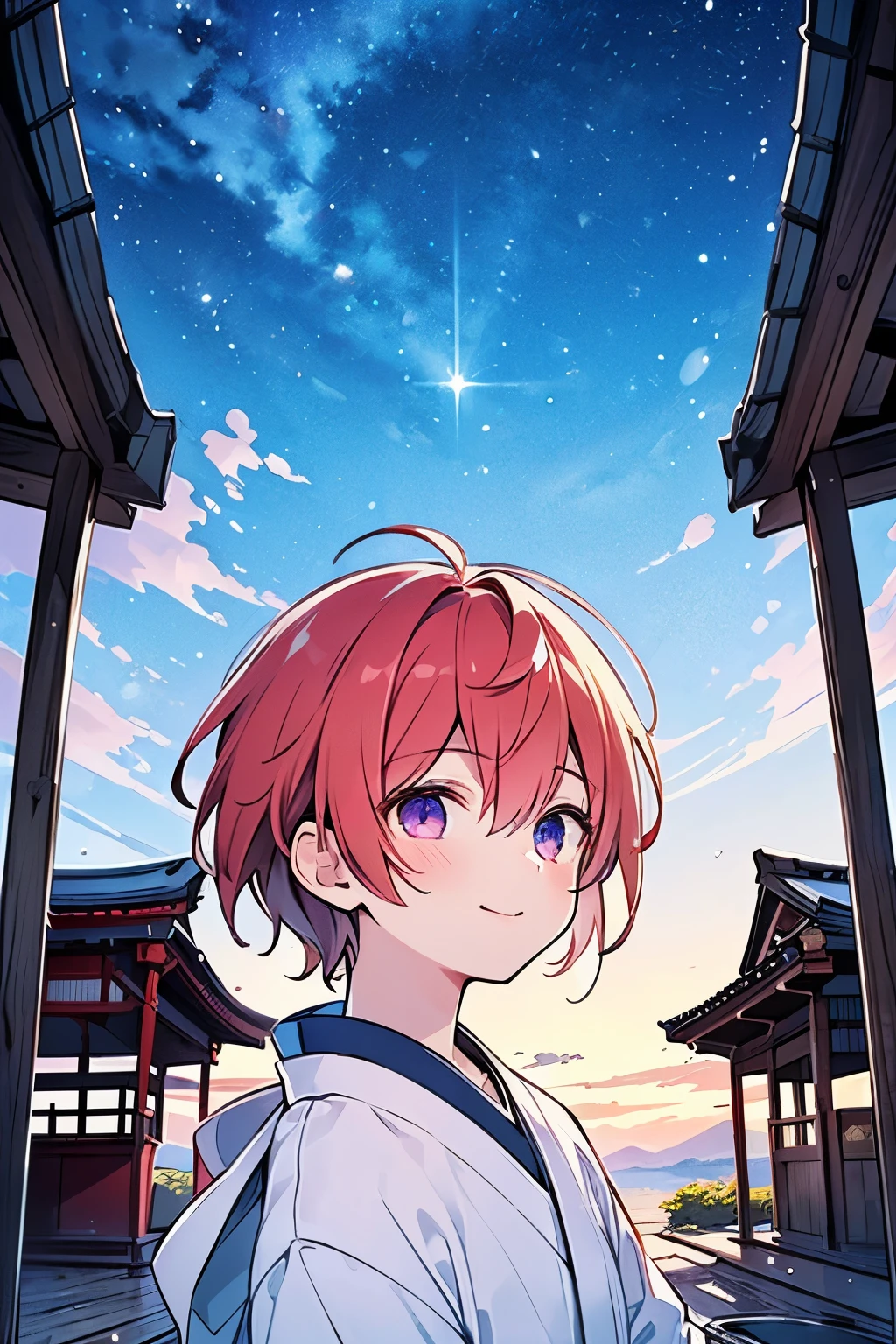 (masterpiece, best quality:1.2), centered, (((1-boy))),((adult male)),solo, cinematic view, portrait, red hair, ((very short hair)),smile, dynamic angle, violet eyes, ((shrine maiden clothes))