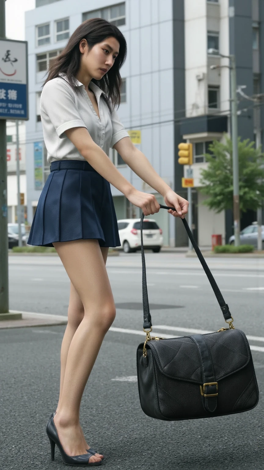 ((super high quality、High resolution、masterpiece、 Anatomically correct、Super detailed photos、Ultra-realistic photos、 Highest quality))、(1girl)、looking at viewer、Night cityscape、Uninhabited abandoned building、Walk over here、(cowboy shot)、(school uniform:1.2)、white formal shirt、((from front))、(huge breast)、Small waist、Detailed face、Perfect figure、Brown Hair、Medium Hair