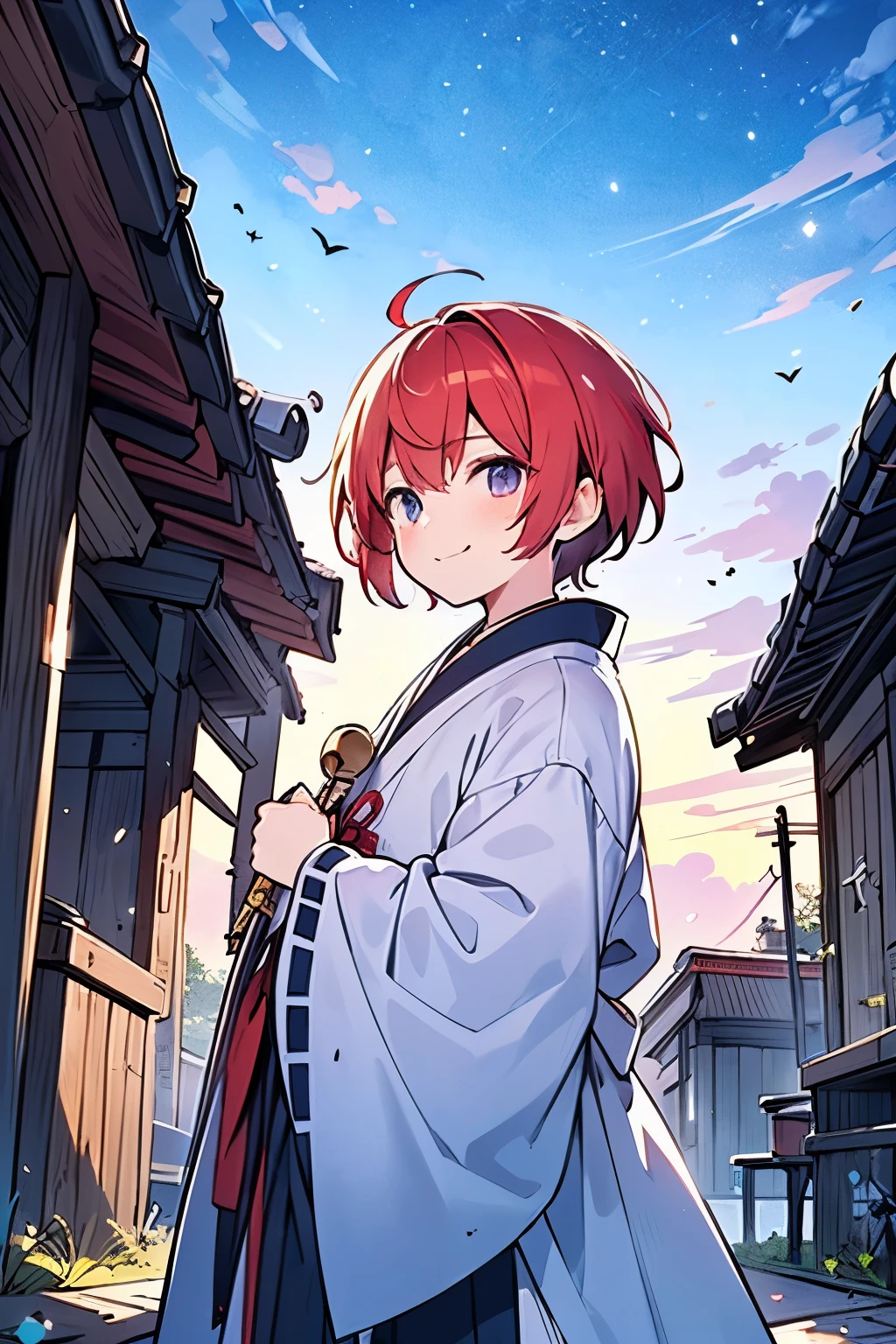 (masterpiece, best quality:1.2), centered, (((1-boy))),((adult male)),solo, cinematic view, portrait, red hair, ((very short hair)),smile, dynamic angle, violet eyes, ((shrine maiden clothes))