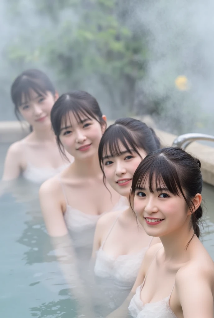 agril,A secluded hot spring deep in the mountains、During bathing、black hair, hair bobbles, , longeyelashes, solid circle eyes, , light smile, ear blush, fang, Surrealism, drop shadow, anaglyph, stereogram, tachi-e, pov, atmospheric perspective, 8k, super detail, ccurate, best quality