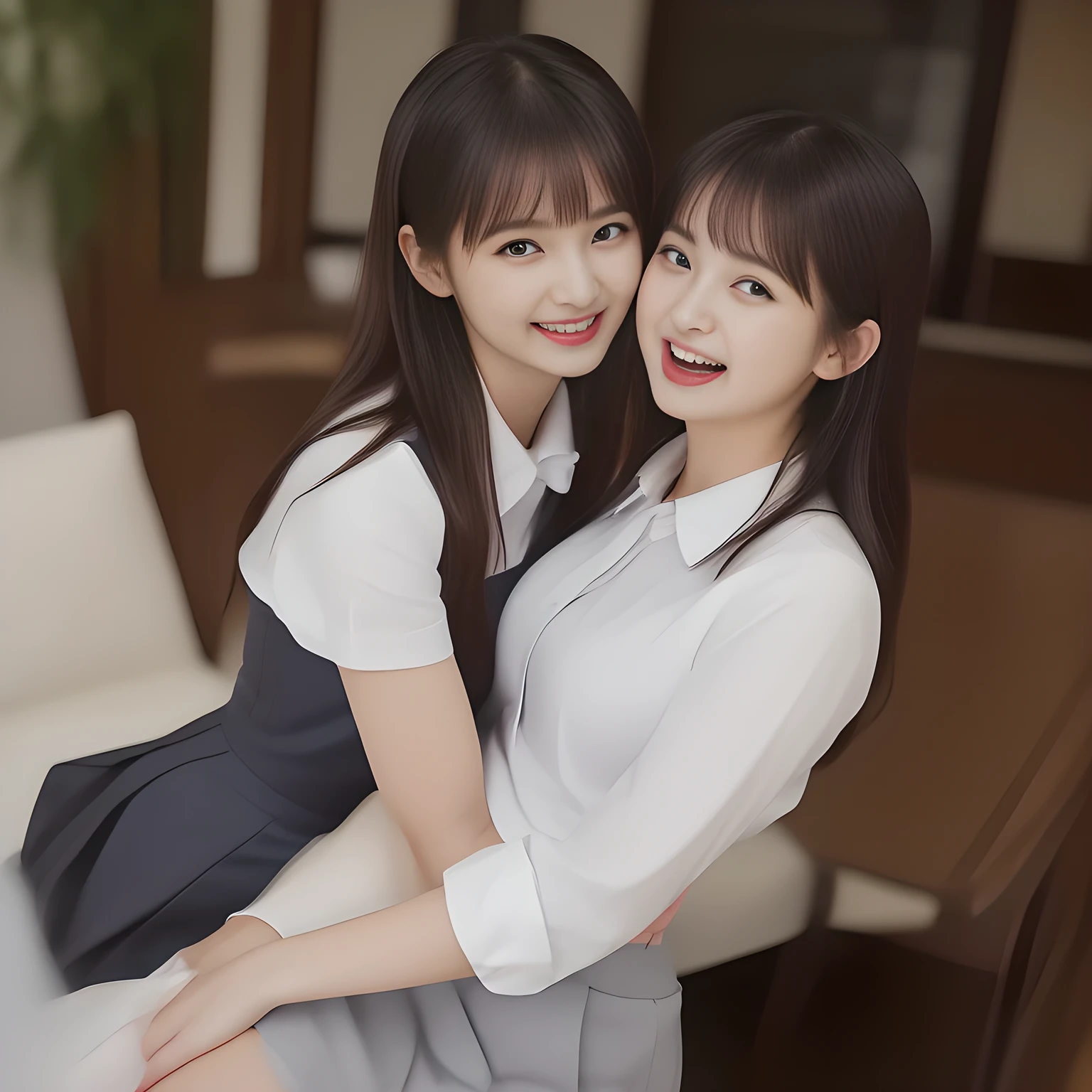(highest quality, masterpiece, high resolution:1.2), 4K, (Photo quality detailed foreground: 1.2), geometry, (Two too-beautiful (talented and experienced video idols) are seducing to eat me in the office. Group of Cute noble very-long-wavy-hair Japanese (Office ladies) photo model 20yo office-ladies are seated on the viewer and can't stop kissing the viewer and looking at the viewer with her too beautiful eyes like laughing fashion model: 1.5), (Using expensive face-whitening cosmetics to make her skin more beautiful and pure by professional makeup artist: 1.5), (devious seducing fascinating laughter in bliss, devious girlish pose: 2.0), Laughing cutely, ((Light-Gray) Japanese office noble feminine tight skirt with neat very-seducing light-yellow blouse, seducing gorgeous silk scarf, puffed short sleeves: 1.2), (white socks and school loafers, kicking back: 1.5), (Dark blue glossy glossy school ribbon on the breast: 1.0), (Extremely laughing cheeks: 1.8), (Beautiful light-amber large clear open eyes with balanced and detailed cutely: 1.8), (double eyelids: 1.0), (highly curled bangs: 1.2), (Glossy lips: 1.0), (too long very wavy hair reaches her hips: 1.7), (Gorgeous heart earrings), (white and clear skin: 2.0), (Laughing cute princess's eyes looking at me: 0.8), (Very cute, pretty, seducing National Beautiful Girl Grand Prix winners: 2.0)