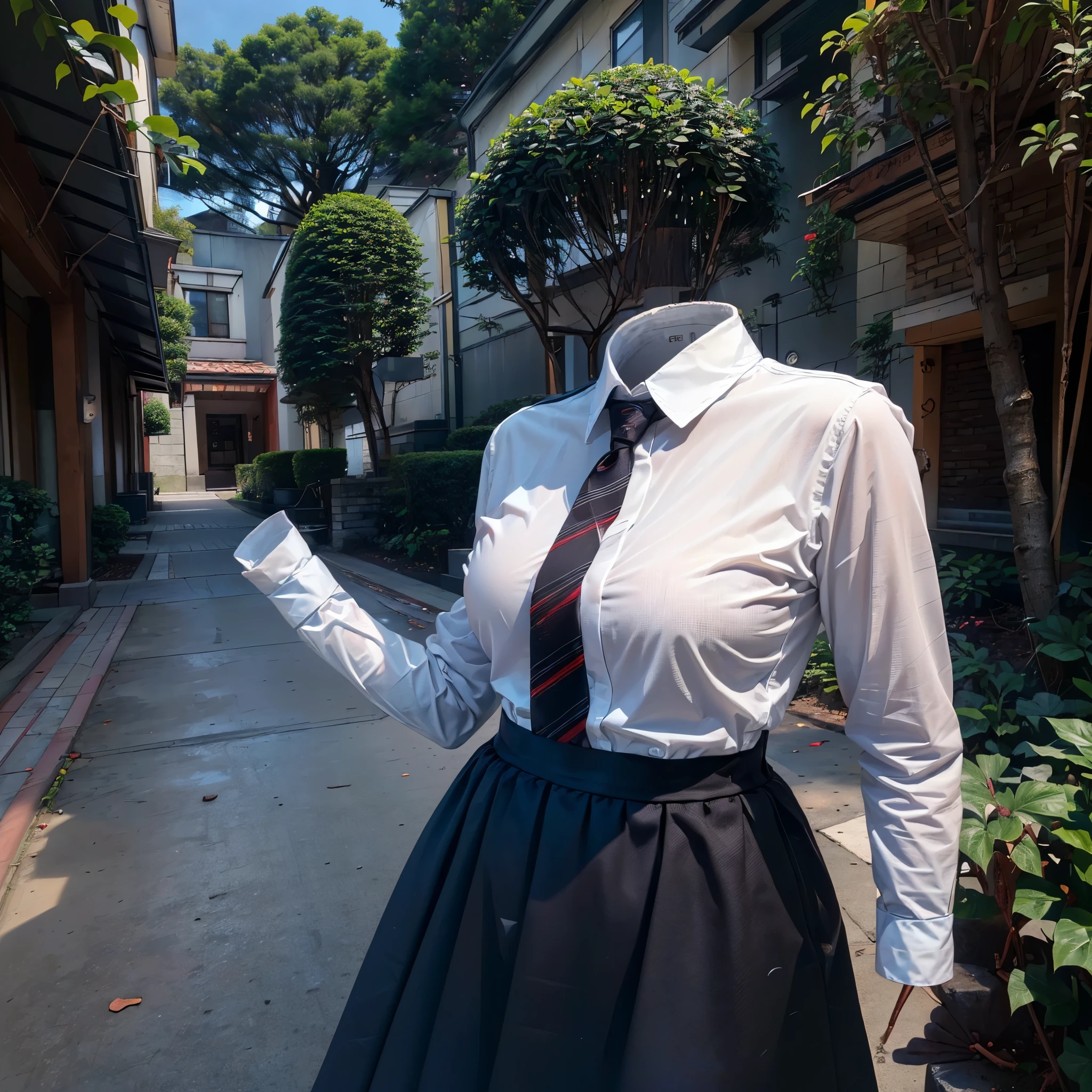 (invisible, no humans, headless, handless, faceless:1.5), 1girl, highres, stripe tie, school uniform, black dress, red ribbon, long sleeves, neck ribbon, collared dress, in garden, photon mapping, radiosity, ((Hasselblad photography)), physically-based rendering, detailed cloth texture, (close-up shot of breasts)