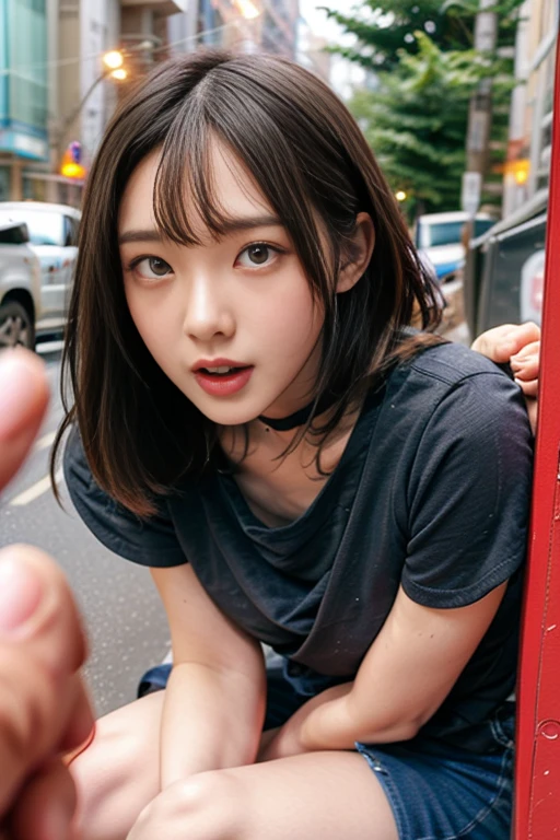 (Remote Play), ((uniform)),Office Lady、 On the street, (close your eyes, Open your mouth, Slouching posture), 1 Female, solo, 19 years old, 7 heads, Ideal body proportions, Erect nipples, Sexy Body, short hair, Black-haired, , Slender, Large Breasts, Beautiful feet, Thin legs, Surrealism, Cinema Lighting, Depth of written boundary, First Person View, debt/1.8, 135mm, んdebtdebt, Tabletop, Accurate, Anatomically correct, Textured skin, Super Detail, Attention to detail, high quality, Awards, 最high quality, High resolution, 8k