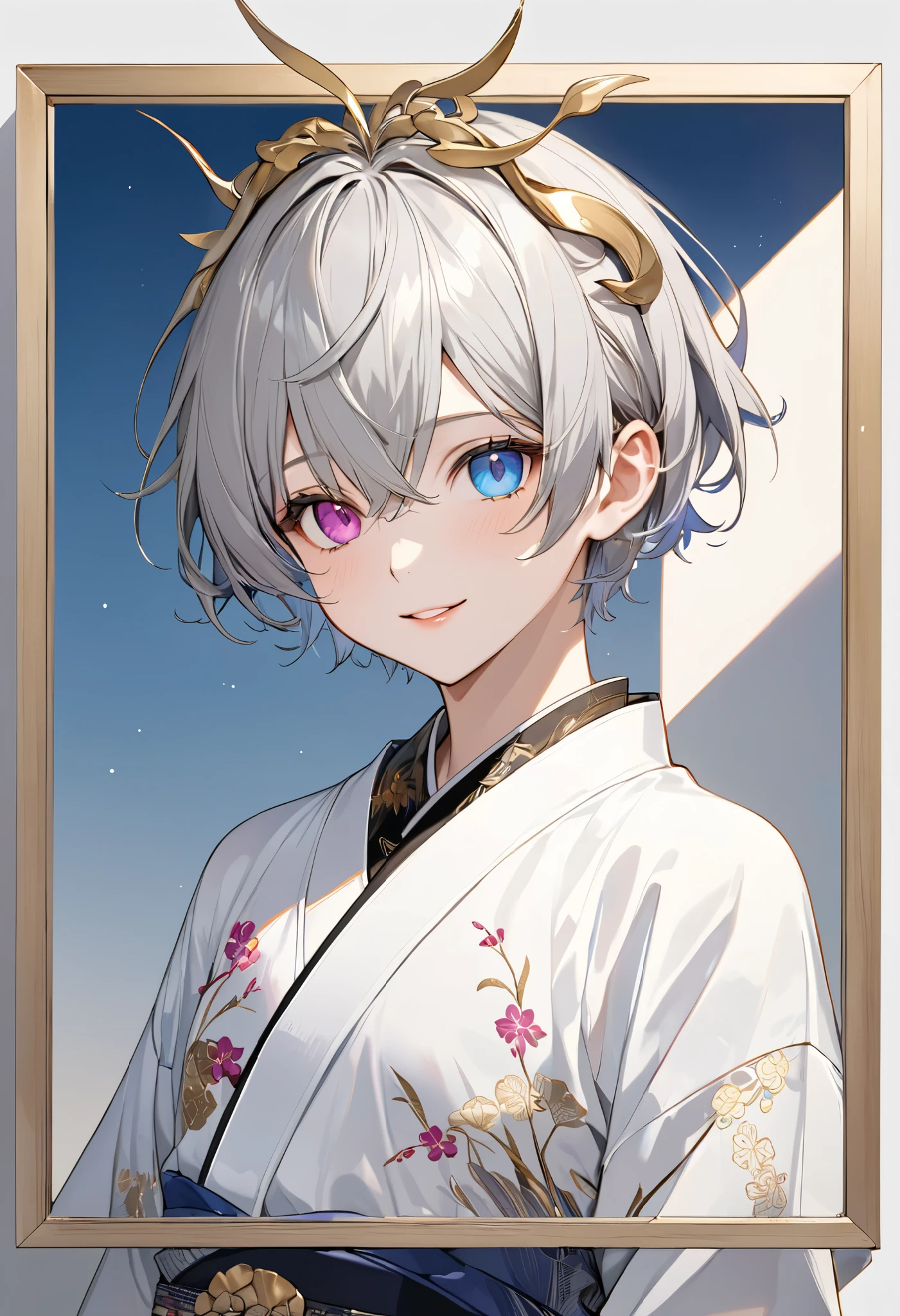 fresh illustration ,
Superfine painting,
very delicate illustration ,
Very fine details ,
1boy ,
( standing)
Alone,
Height: 158cm,
Beige Skin,
Cheeks are ruddy,
(The iris of the left eye is magenta and the iris of the right eye is light sky blue),
(Complete iris heterochromia ),
beautiful eyes,
large black pupils ,
Short short hair,
(Gray Hair),
only the base of the hair is light blue ,
The hair has gradation ,
shiny hair with makeup,
Young, beautiful, beautiful face ,
The lips are extremely small,
is smiling,
A small halo that shines brightly floats on the head ,
raised eyebrows ,
The upper body is wearing a kimono in kimono ,
six pack,
The lower body is long, transparent clothing in the style of a Chinese dress with slits at both hips,
The color of the belt is black ,
Overall white clothes ,
The belt has tasteful embroidery with gold thread ,
fine fabric clothing ,
Slim waist,
Thin legs,
jockstrap underwear ,
the thigh strap cuts into the skin ,
Are the tips of long boots Japanese style,
Isometric,
golden ratio,
god々 like atmosphere,
The undershirt is indigo-colored with a stand-up collar,
background is white,
tactical use of shadows ,
Head rings and hair fit in a frame ,
Clothes fit in a frame ,
facing the front,