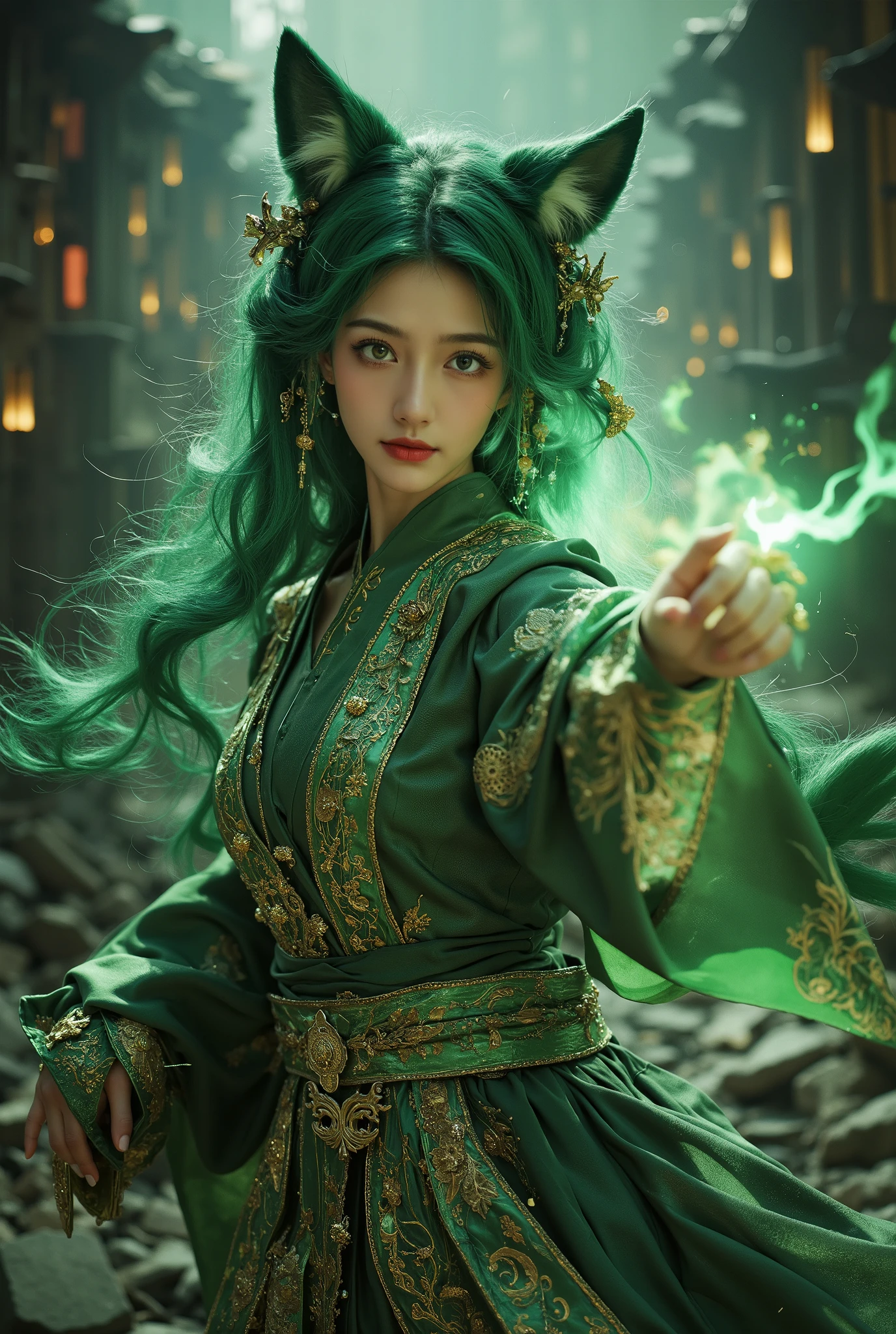 mystical-faced female figure with ears resembling a fox . His hair is a beautifully unraveled green , adorned with intricate and shimmering accessories . Illuminating green eyes give a magical or supernatural impression . He wears a metal-plated war dress full of artistic detail , blending green and gold , with motifs that reinforce fantasy themes . His hand is pointing , creating dramatic effects and affirming the character as a controller of the power of the wind element. Surrounding surroundings such as collapsed buildings look dark and glowing, amplifies the mystical atmosphere .
