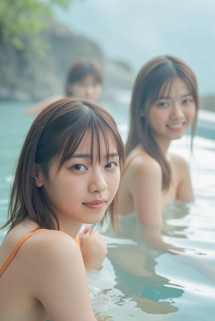 highest quality, masterpiece, Ultra-high resolution, (Reality: 1.4), Original photo, 1 woman, mature, happy smile, short hair, plump body, , Cinema Lighting, from below,Medieval warrior、Female warriors resting in camp, Bathing