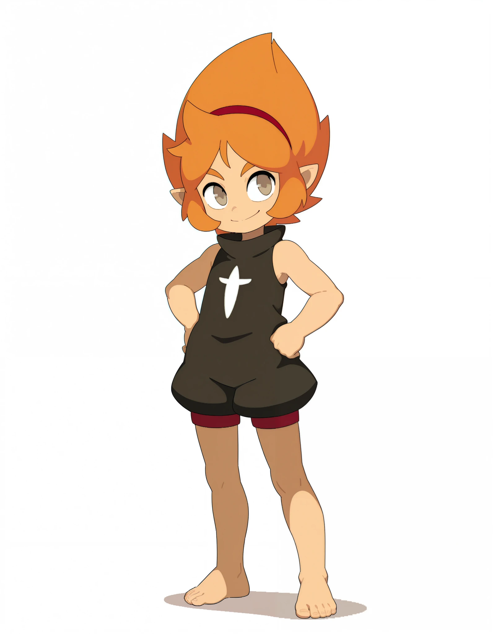best quality, absurdres, full body, , Elely (Wakfu), illuelely, barefoot, orange hair, brown eyes,pointy ears,red hairband,sleeveless, baggy clothing,black clothes,white background,slim,standing,hand in hip, smile,, upper body pixel, pixel art, 8 bits,