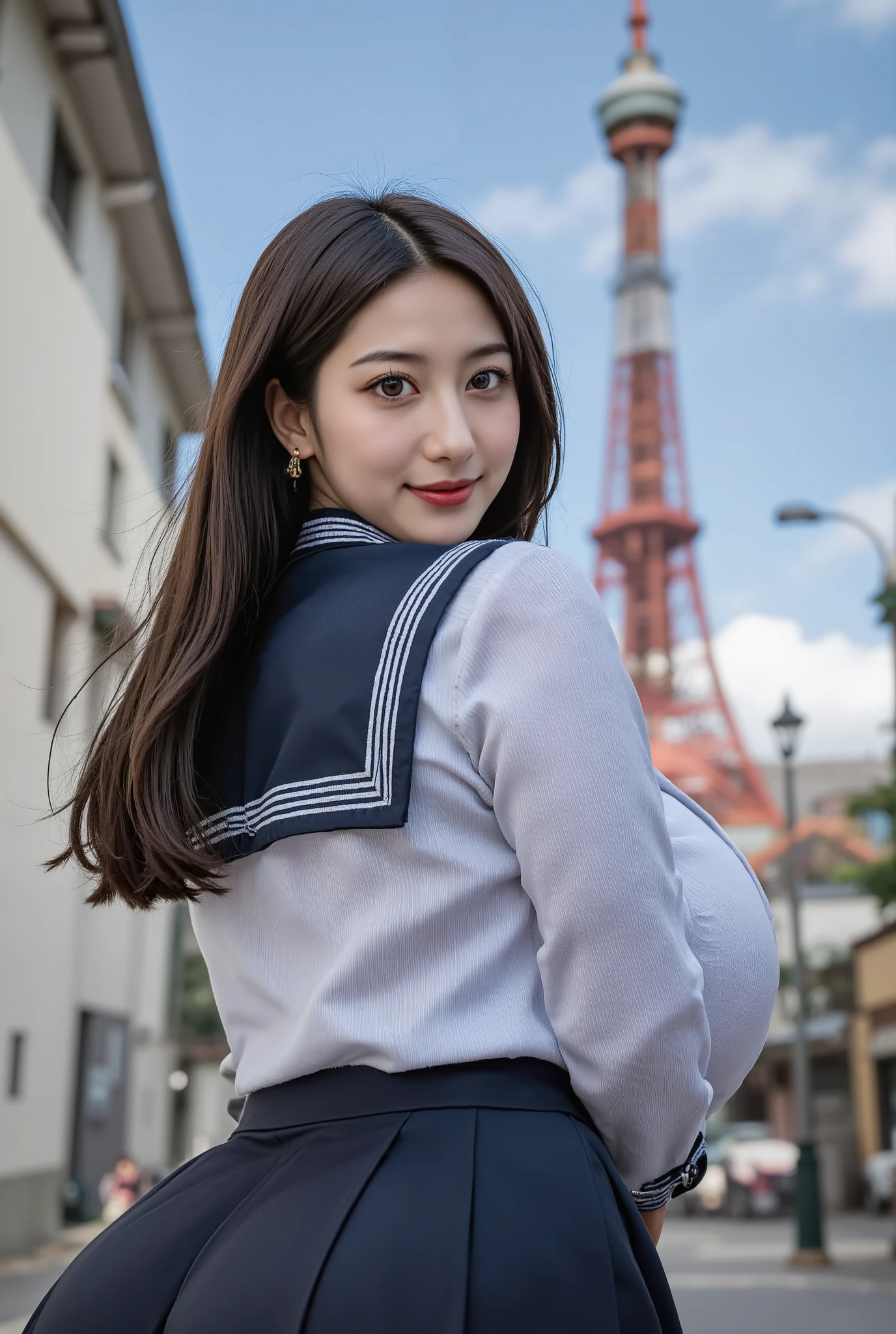 (16k、 RAW photos , best quality , masterpiece)、(Actual photo:1.2)、( realistic pictures:1.5)、 cinematic pictures 、 Cinematic Quality 、 Learn more, beautiful eyes, very detailed and beautiful , amazing details 、 BEAUTY WITH PERFECT BODY 、 real face , detail the face down to the smallest detail、 dark-haired woman、 gals、Curly Hair、 long hair、Korean Girls、Beautiful older sister、 cute beauty with perfect body、 glowing skin、 glossy lips 、 high resolution face and skin texture、 detailed eyes 、double eyelids、Eyes are black、Eyes are black、 with bangs、 angle from a distance 、Overall angle、full body、Women face the front、 high school student uniform、School、 in front of Tokyo Tower