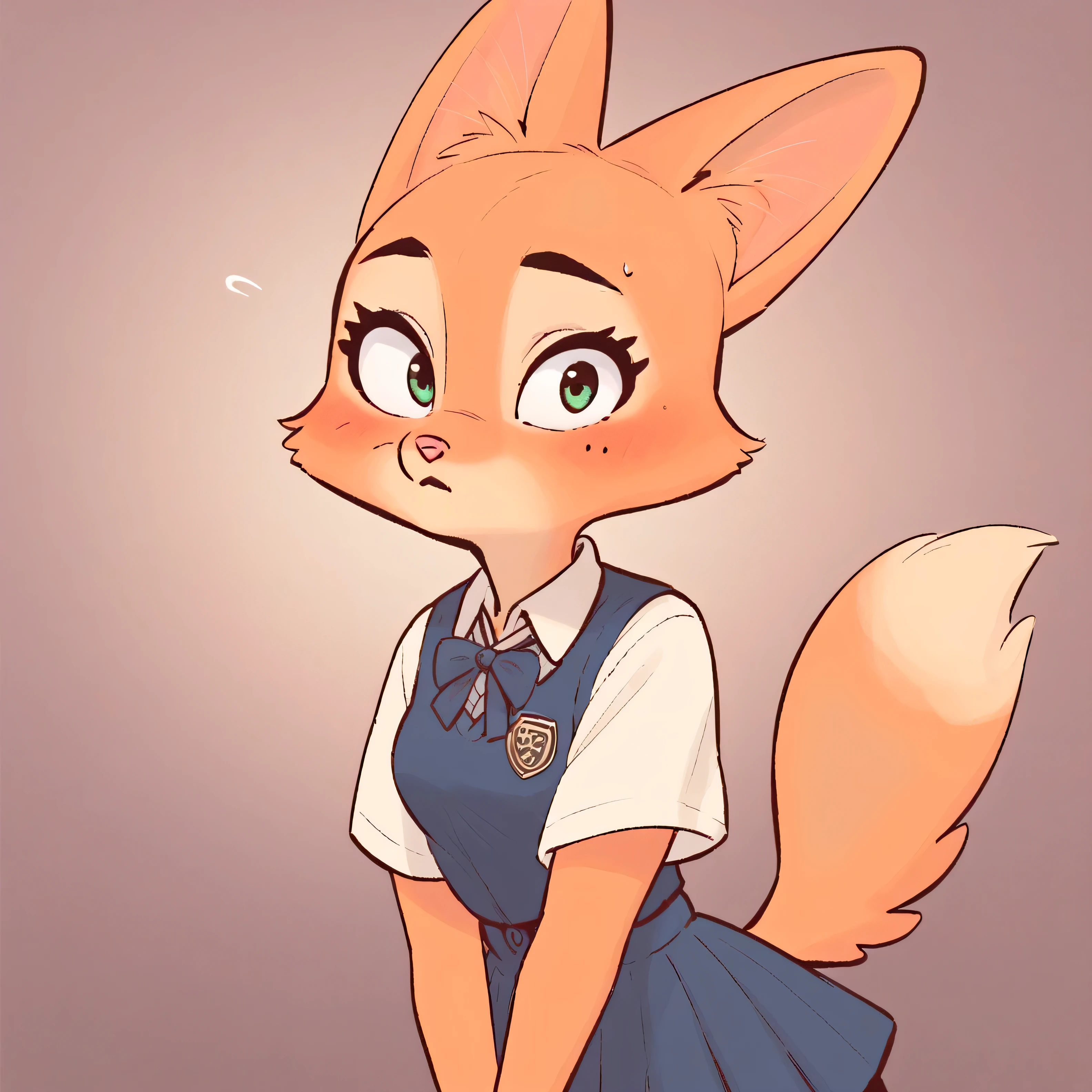 Diane Foxington, , , ginger skin, emerald eyes, school uniform , blush, look at the spectator , Smiles, Interiors, alone, by diives